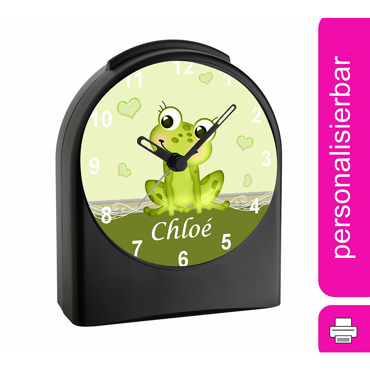Kinder Funkwecker personalisiert mit Namen Frosch Atom-/Funkuhr, 12-Stunden-Anzeigeformat, Schlummerfunktion, Nachtlicht, Geräuschlos/Ohne Ticken