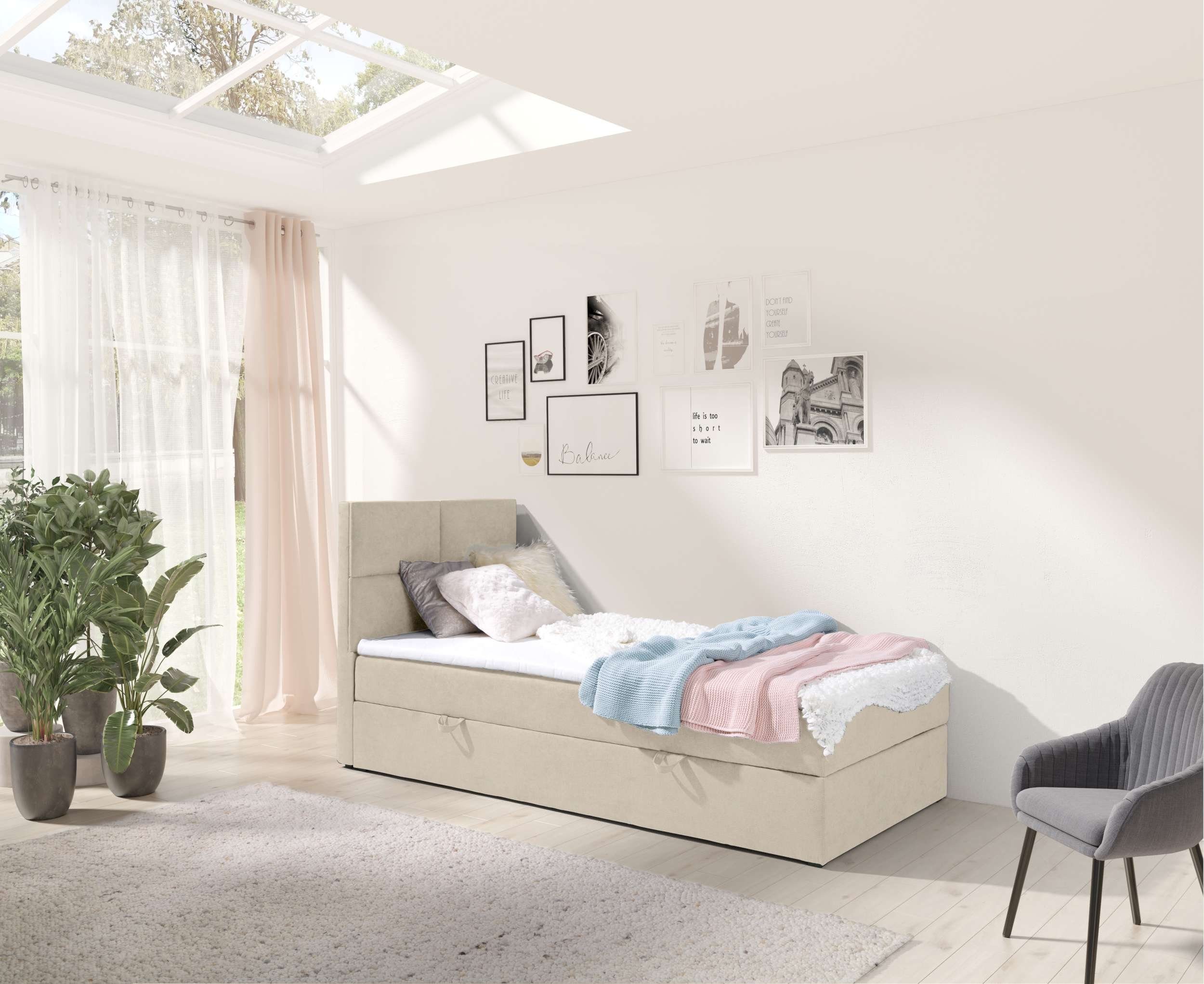 Stylefy Boxspringbett Larni (Schlafzimmerbett, Bett), 70/80/90/100 x 200 cm, mit Topper, Kopfteil gepolstert, Bettkasten, mit Bonellfederkern, Modern Design