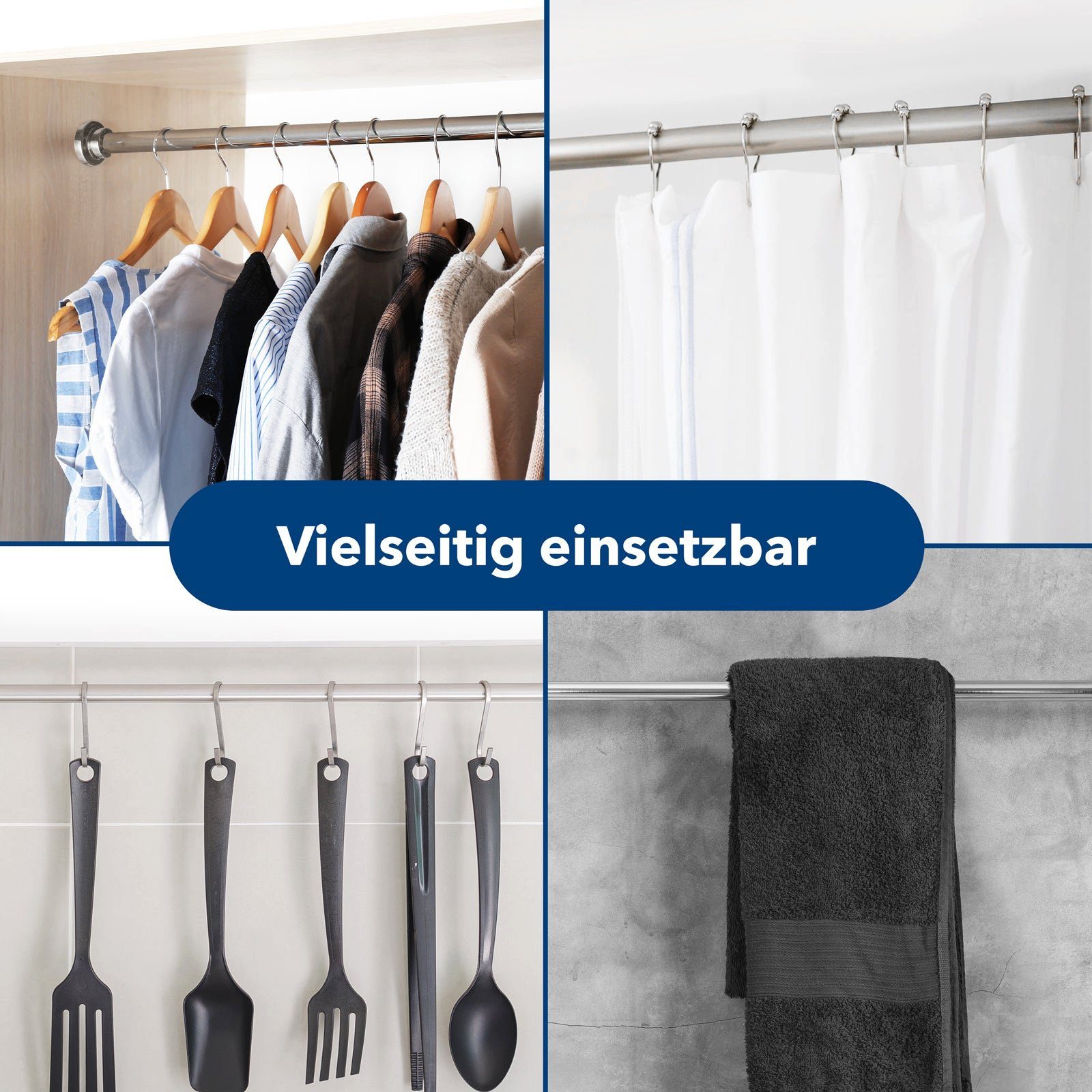 Duschvorhangstange stufenlos verstellbar, Inkl. 12 Duschringe, Karat, ausziehbar, geklemmt