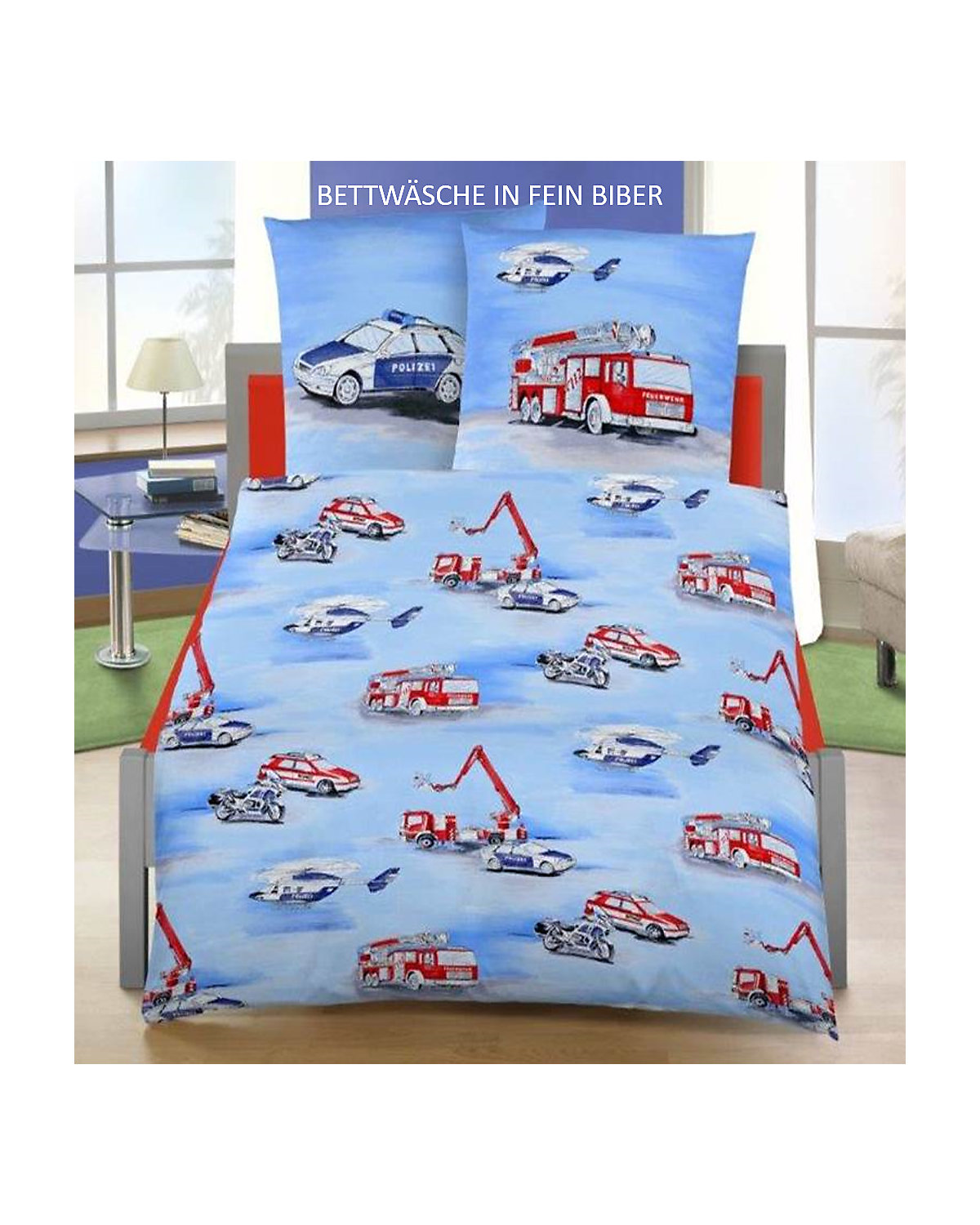 Kinder-Bettwäsche Jungen Polizei & Feuerwehr Fahrzeuge, Biber, 135 x 200 cm + 80 x 80 cm