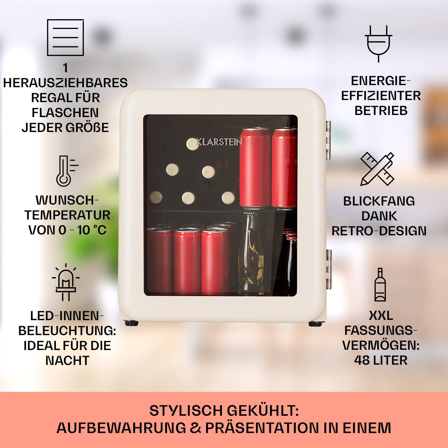 Klarstein Getränkekühlschrank HEA13-PopLife-48L 10040737, 47.5 cm hoch, 44 cm breit, Bierkühlschrank Getränkekühlschrank Flaschenkühlschrank mit Glastür
