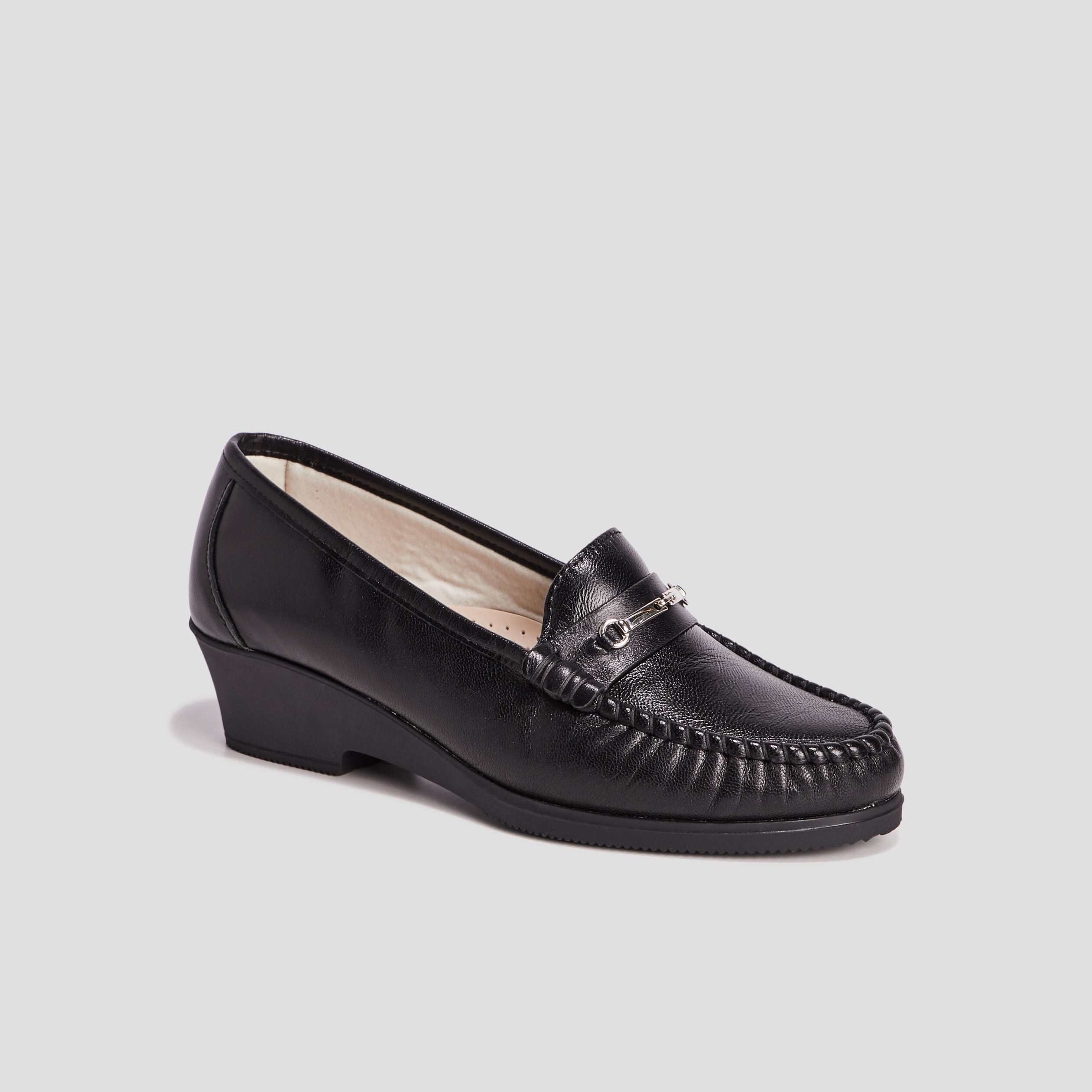 Mocassins en cuir compensés pied large noir femme | La Halle