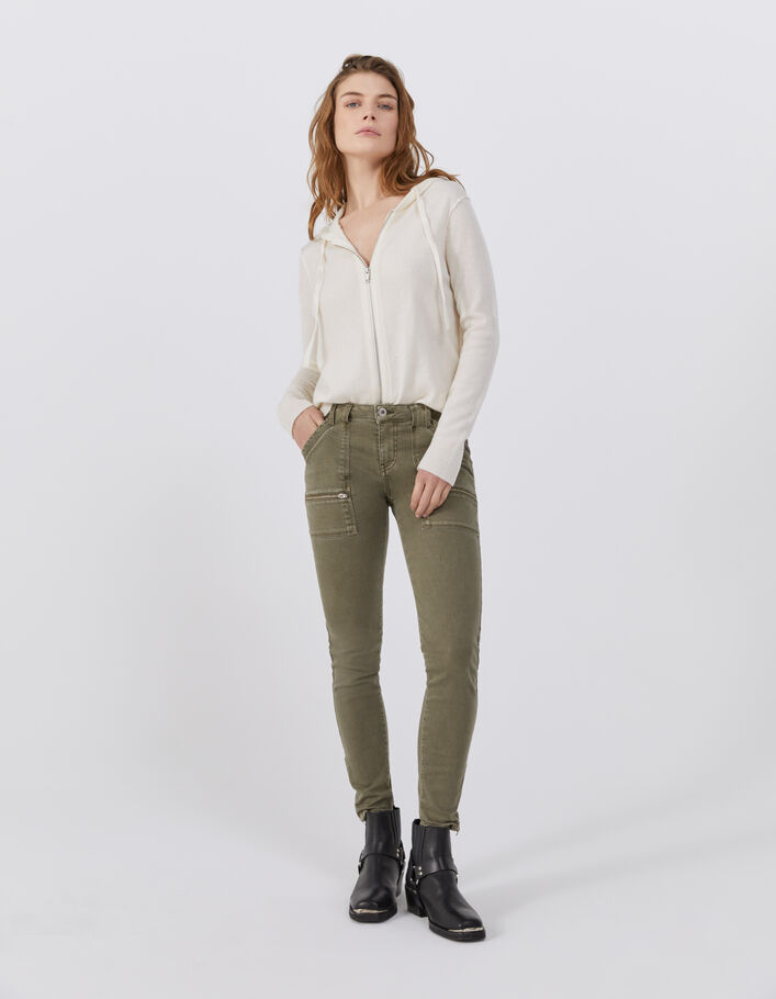 Cardigan à capuche blanc cassé en cachemire chevrons femme