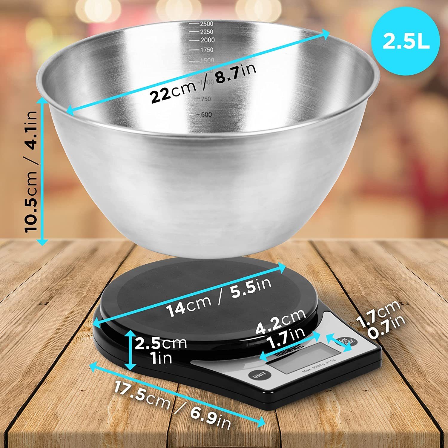 Duronic Küchenwaage, KS6000 BK/SS Küchenwaage, 5 kg Digitalwaage rund mit 2,5 L Schüssel