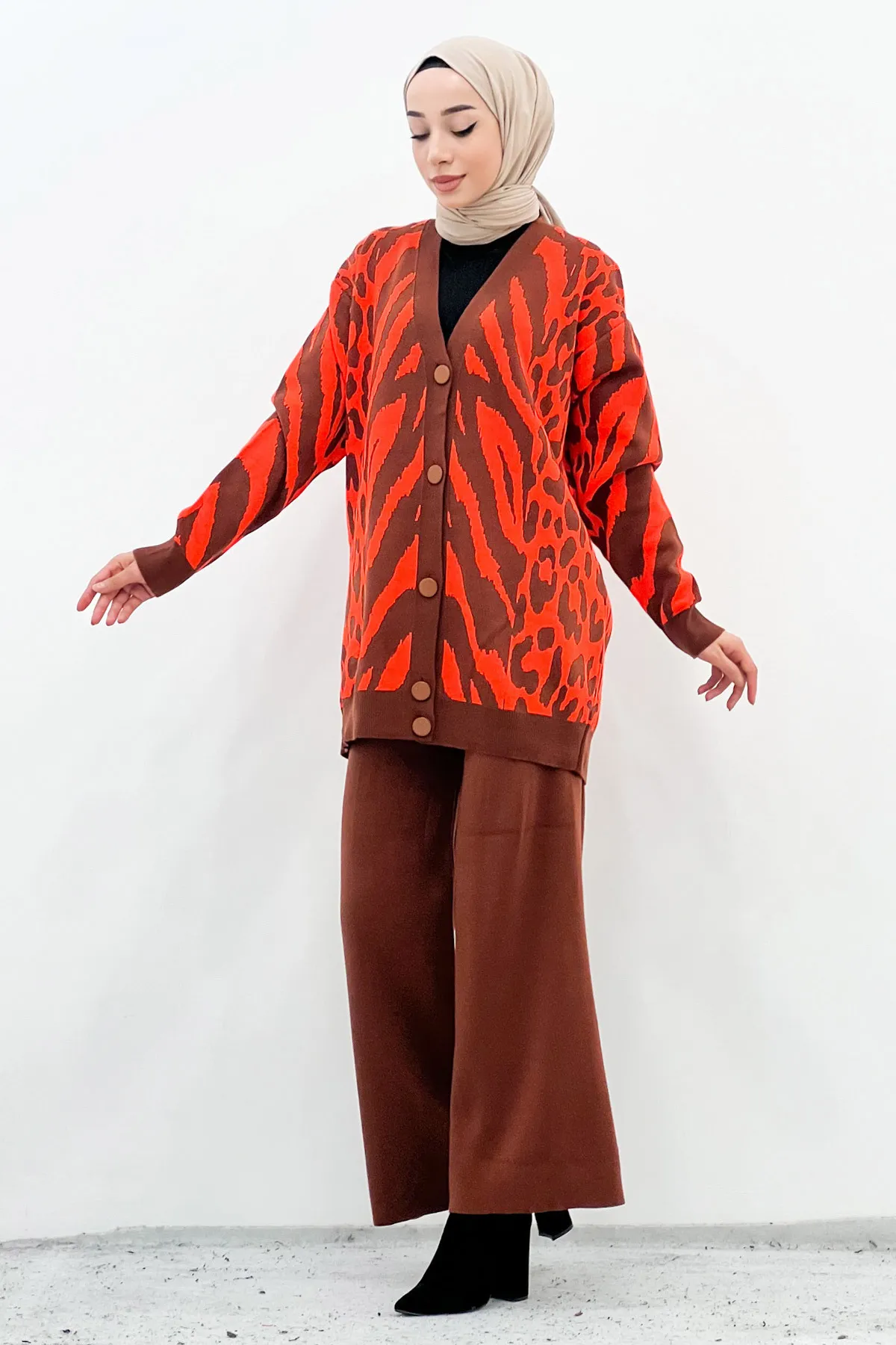 Tesettür Dünyası  Strickanzug mit Zebramuster Tsd221009 Orange