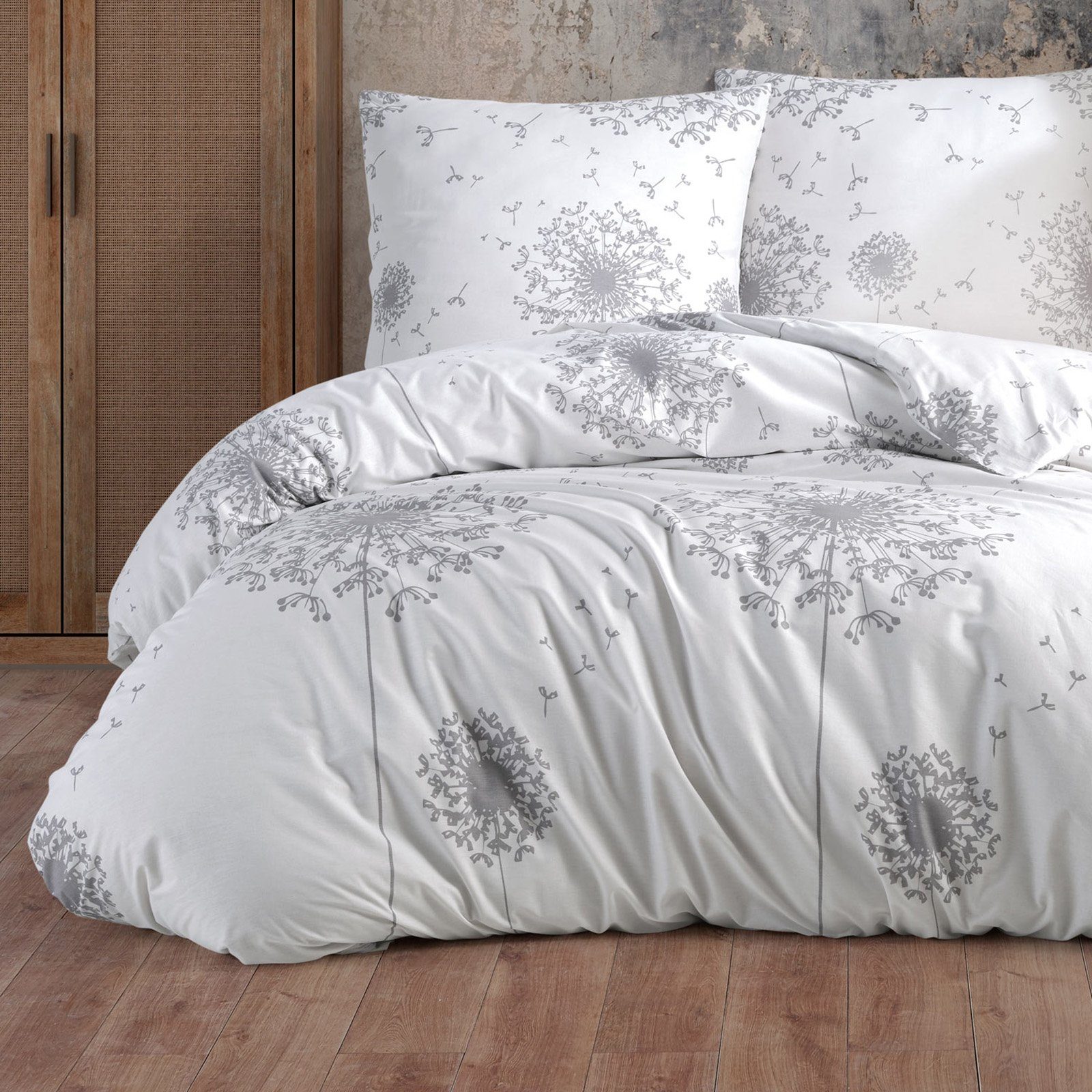 Bettwäsche, Buymax, Renforcé, 3 teilig, 100% Baumwolle Renforce Kissenbezug 80x80 cm mit Reißverschluss Blumen Blätter, Weiß Grau