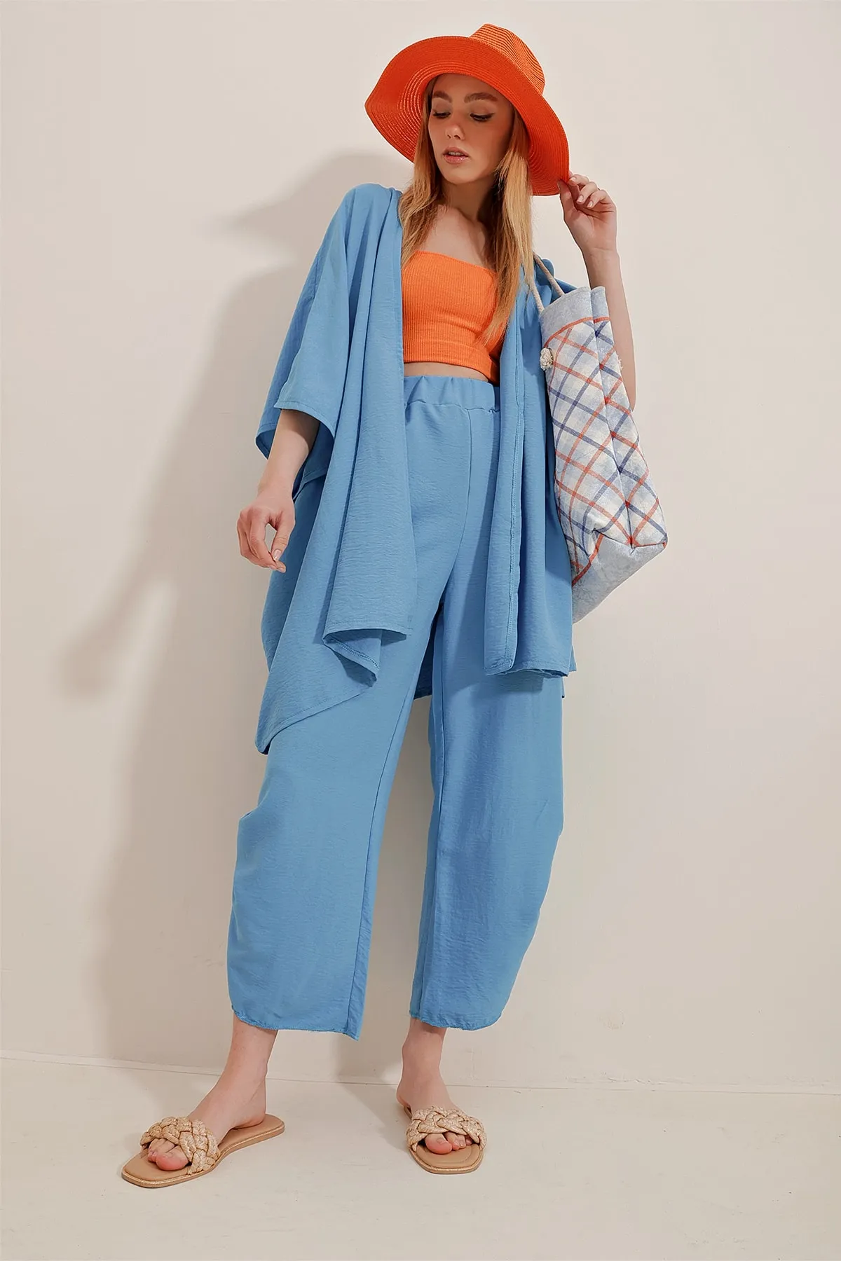 Trend Alaçatı Stili  Damen Fliegerblauer Hosen- und Jackenanzug mit Schlitz am Bein, selbststrukturiert, ALC-752-001