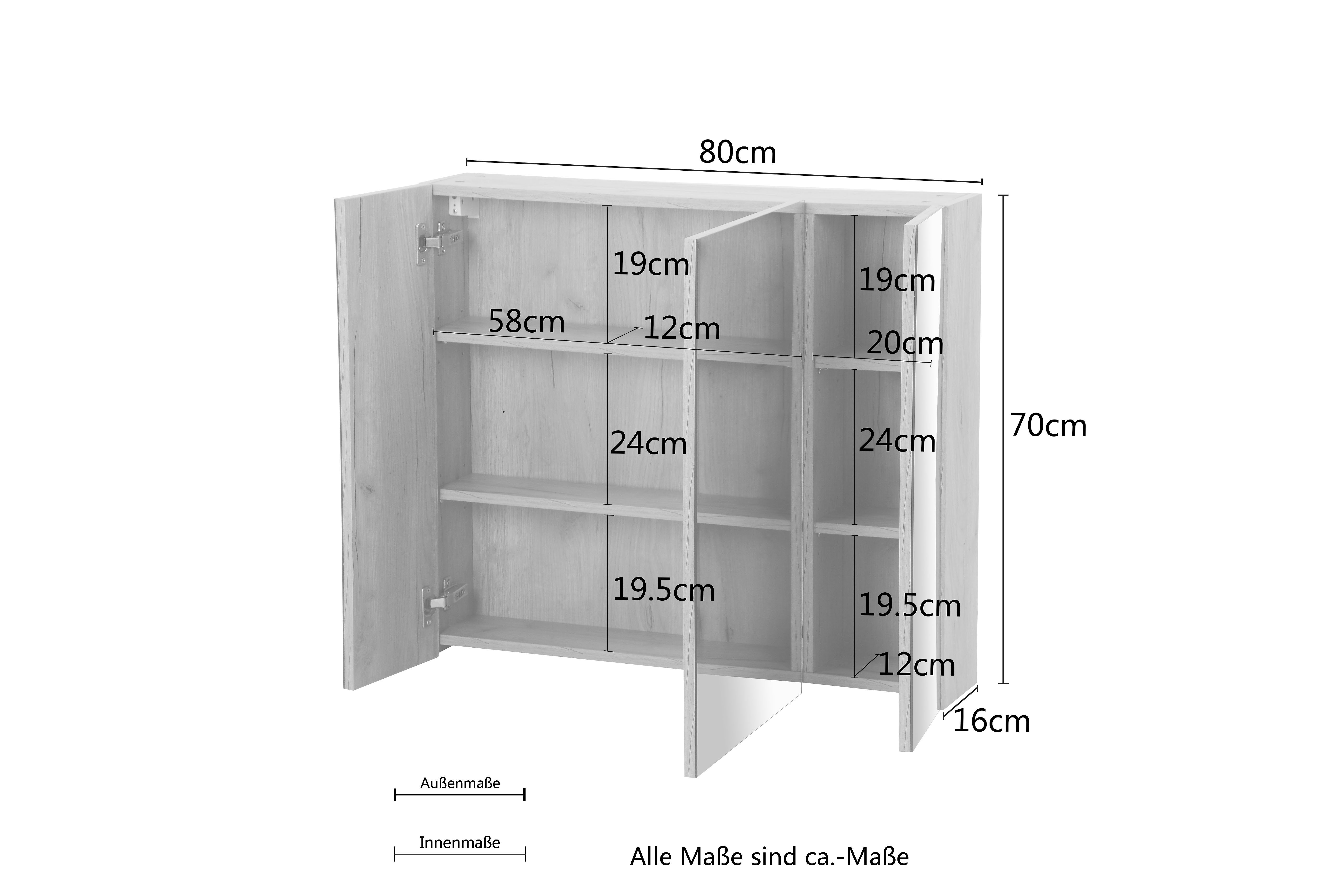 andas Spiegelschrank Lund Bad Spiegel WC Wandspiegel Badezimmerspiegel ohne LED Badschrank Badezimmerspiegelschrank Spiegel Breite 80cm mit 3 Türen