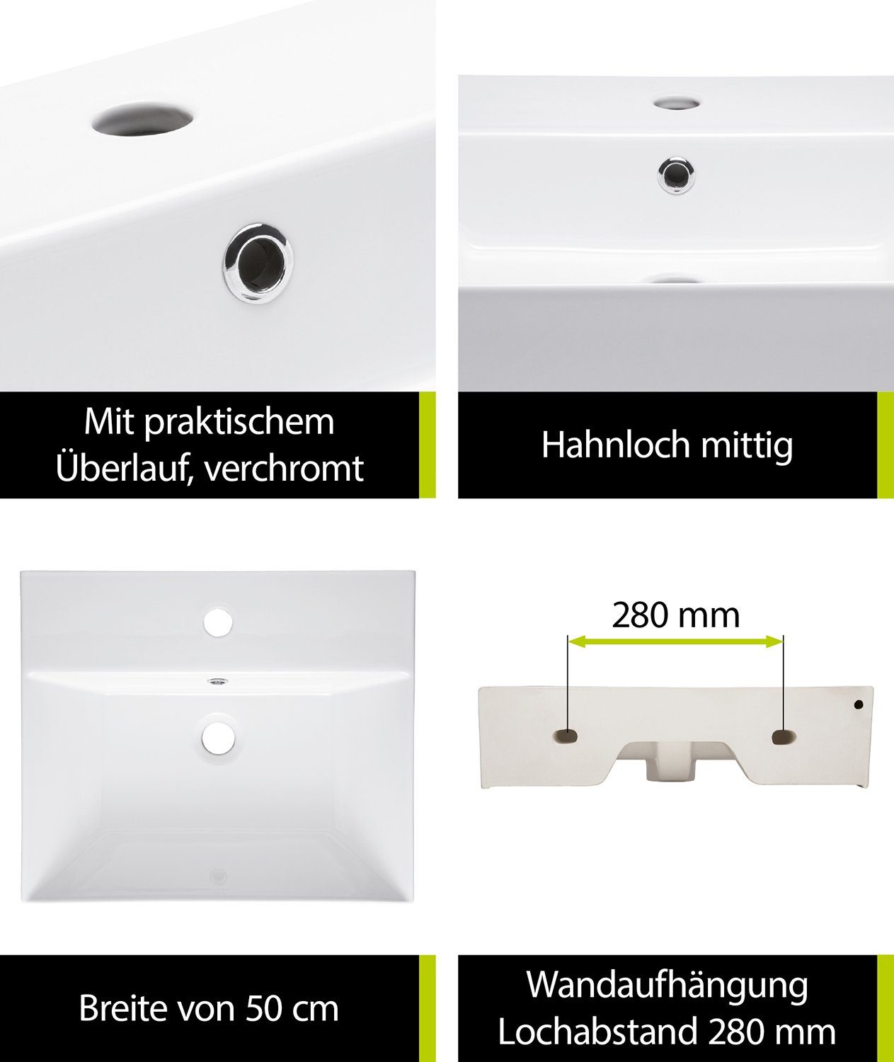 aquaSu Waschbecken Malea (Hänge-Waschtisch, 1-St), 50 cm, Keramik, Weiß, Überlauf, Hahnloch mittig, 562294