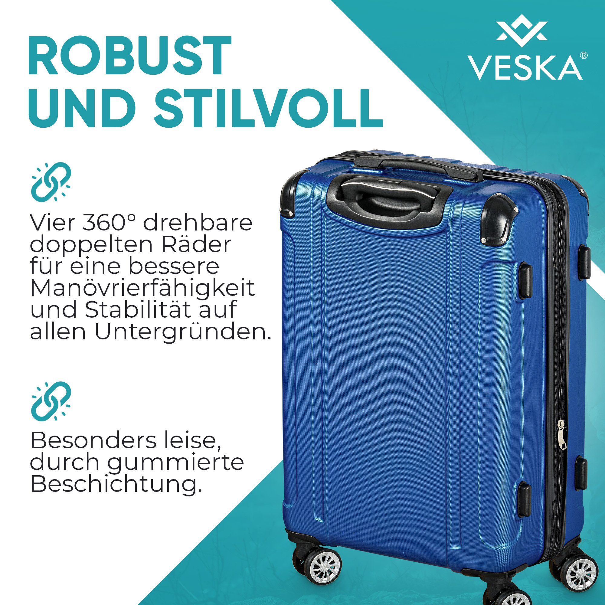 VESKA Trolleyset Hartschalenkoffer Kofferset 3 teilig mit TSA Zahlenschloss 4 Rollen, ABS-Hartschale, Reisekoffer Trolley Rollkoffer Koffer