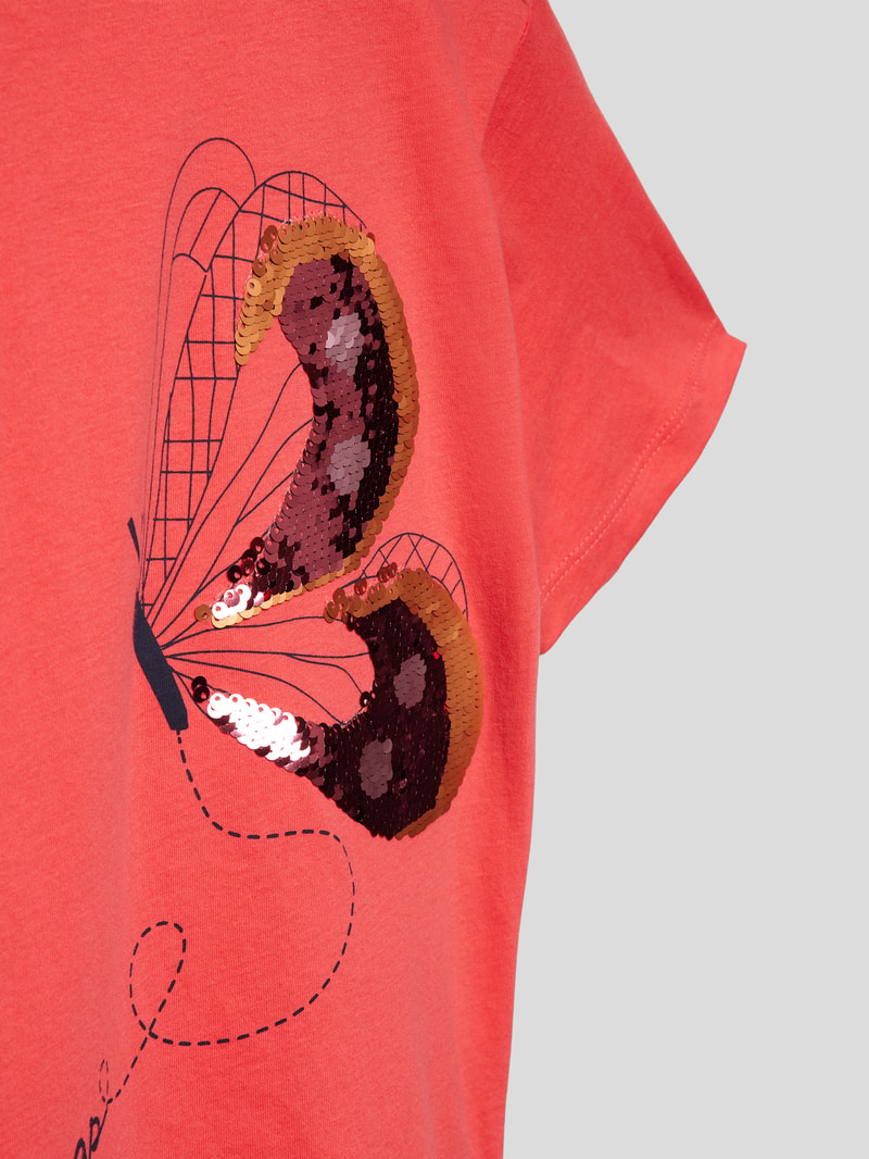 T-Shirt aus Baumwolle mit Paillettenbesatz in koralle