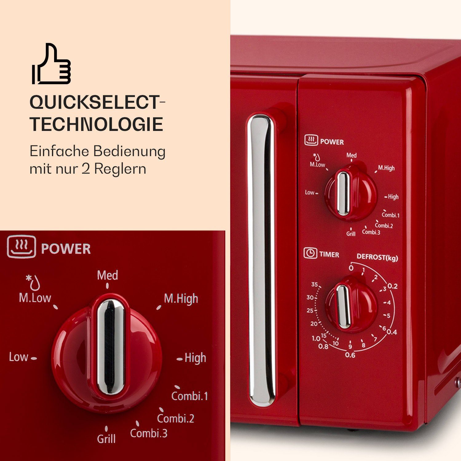 Klarstein Mikrowelle Caroline Mikrowellen-Grill 20 Ltr 700 W / 1000 W Ø 25,5cm Retro, Erwärmen, Grillen, Backen, 2 l