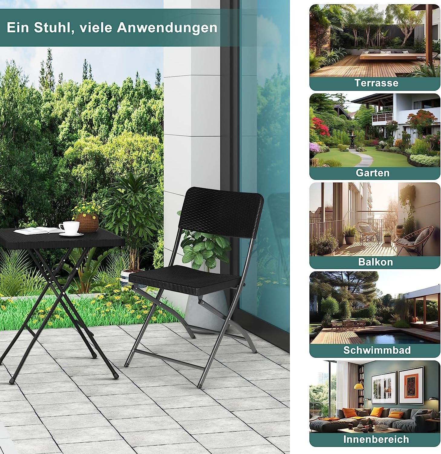 EUGAD Klappstuhl (2 St), Gartenstuhl Campingstuhl HDPE,59 x 81 x 46 cm,Schwarz