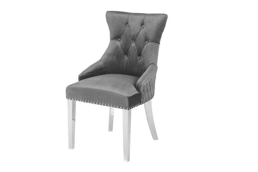 riess-ambiente Polsterstuhl CASTLE DELUXE grau / silber (Einzelartikel, 1 St), Esszimmer · Samt · Edelstahl · mit Löwenkopf-Griff · Barock Design