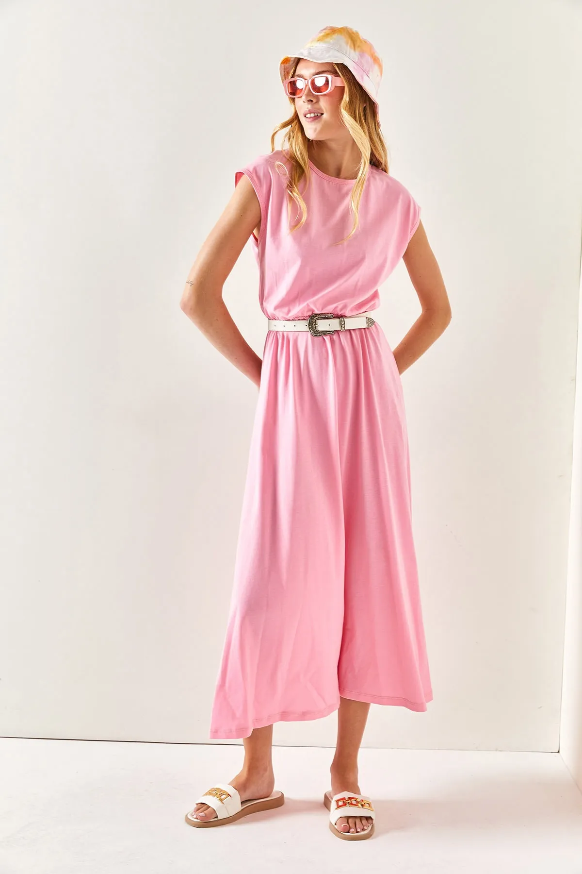 Olalook  Rosa Fledermaus-Baumwollkleid für Damen mit elastischem Bund ELB-19001509