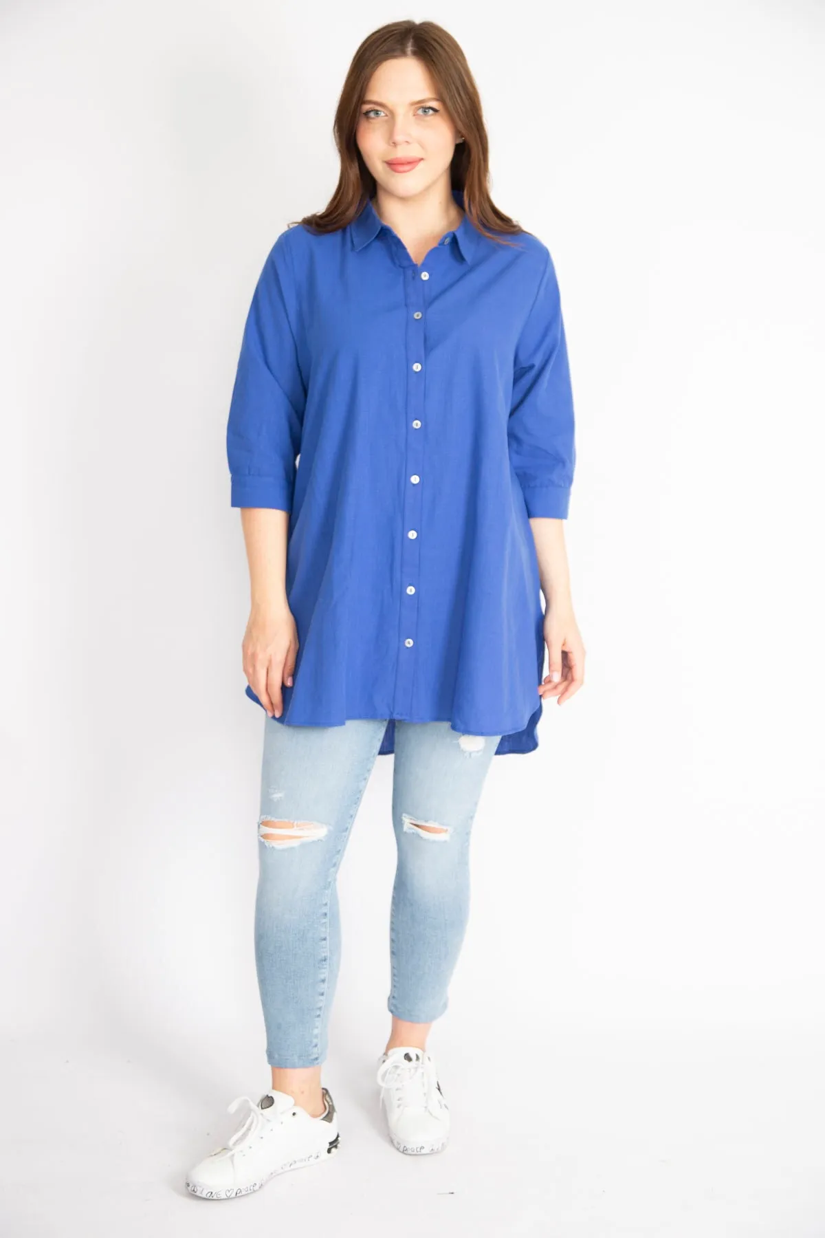 Şans  Damen-Hemd von Saks, groß, aus gewebtem Stoff, vorne geknöpft, mit Capri-Ärmeln und Bündchen, 65n36343