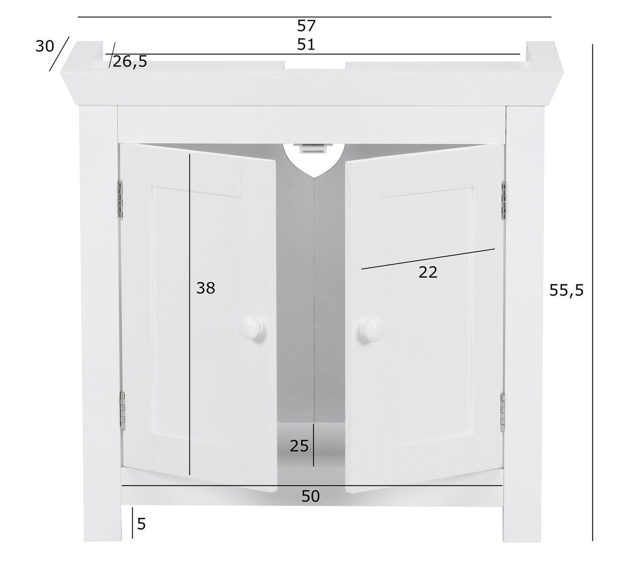 Wohnling Bad Waschbecken Unterschrank 55,5 x 57 x 30 cm 2 Türen weiß