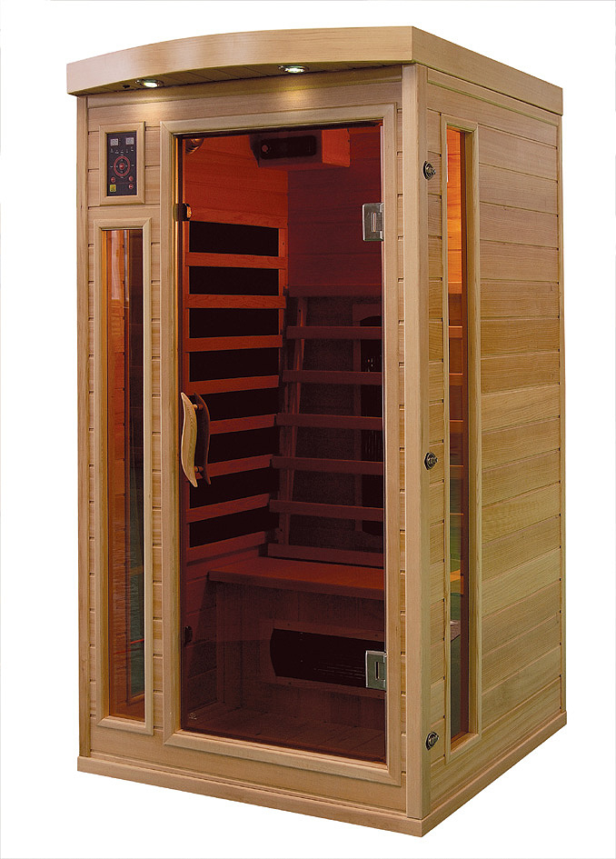 PureHaven Infrarotkabine 90x90x190 cm aus Pacific Coast Hemlock-Holz Bluetooth-Soundsystem Timer Lichttherapie in 4 Farben digitale Steuerung