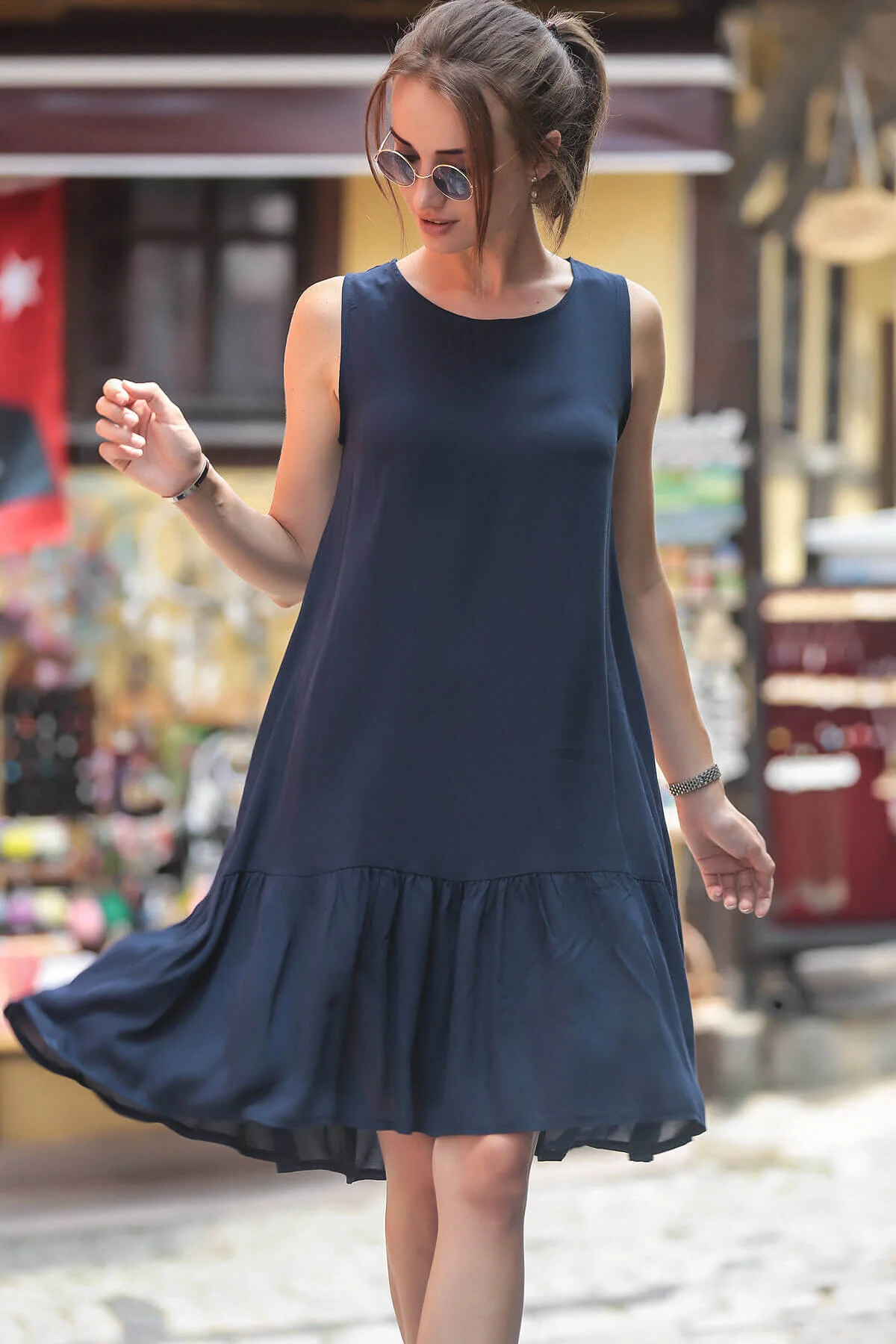 armonika  Marineblaues ärmelloses Rock-Rüschenkleid für Damen ARM-18Y001156