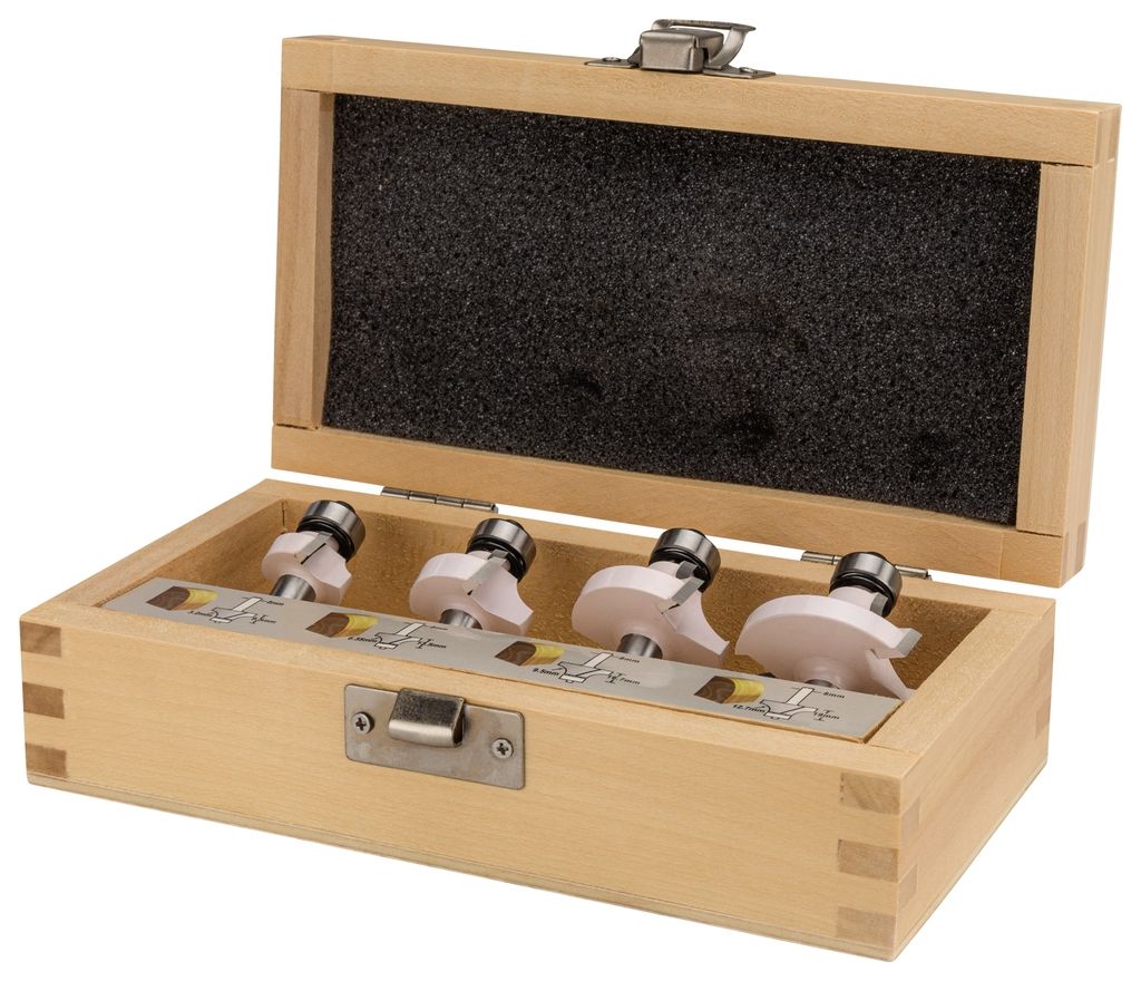 Freză de rotunjire Makita Accessories D-53534 cu rulment cu bile, diametru tijă 8 mm, 4 bucăți, în cutie de lemn