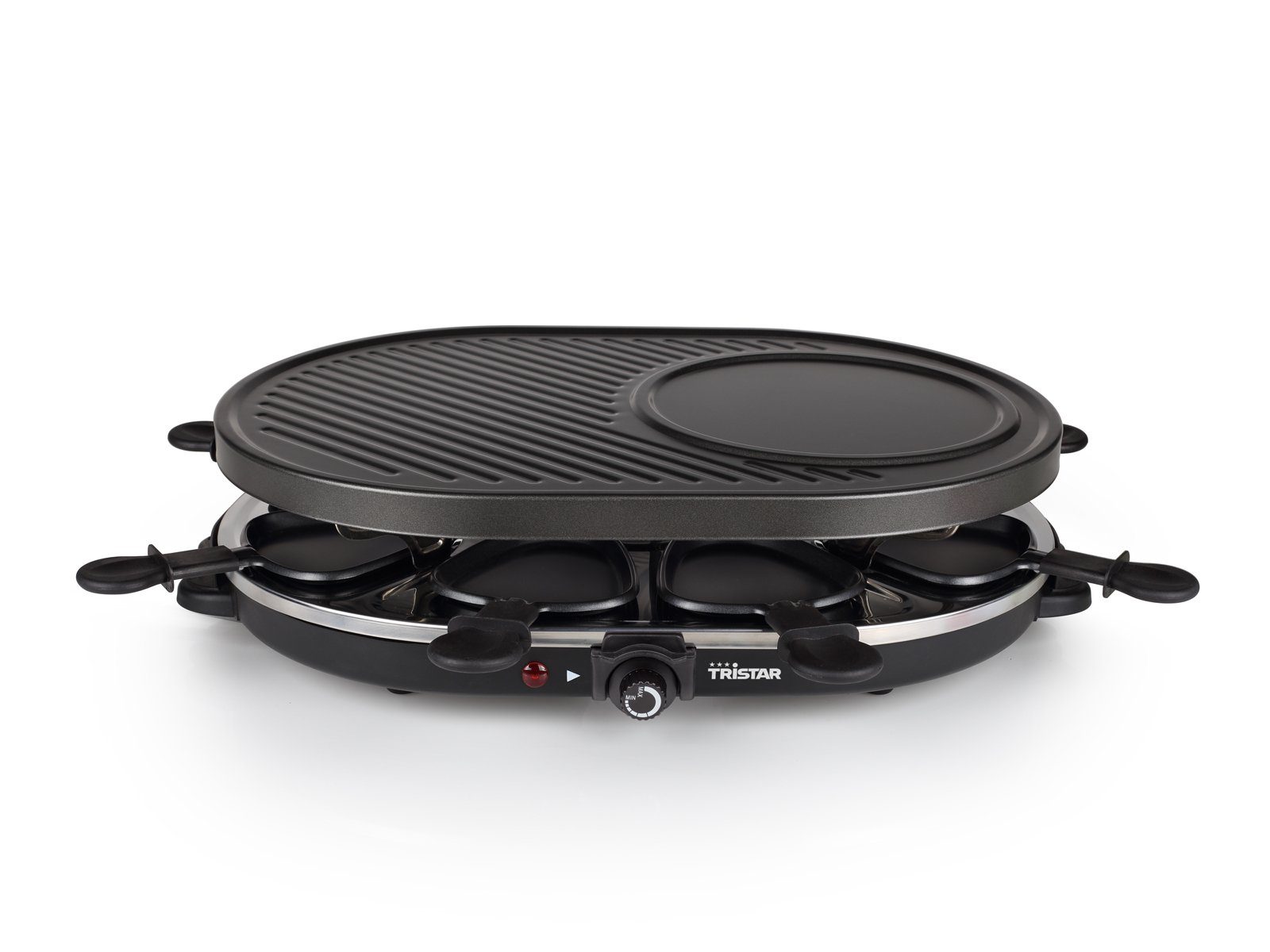 Tristar Raclette, 8 Raclettepfännchen, 1200 W, Gerät für 2-8 Personen, ovaler Elektro Tischgrill groß Crepesmaker