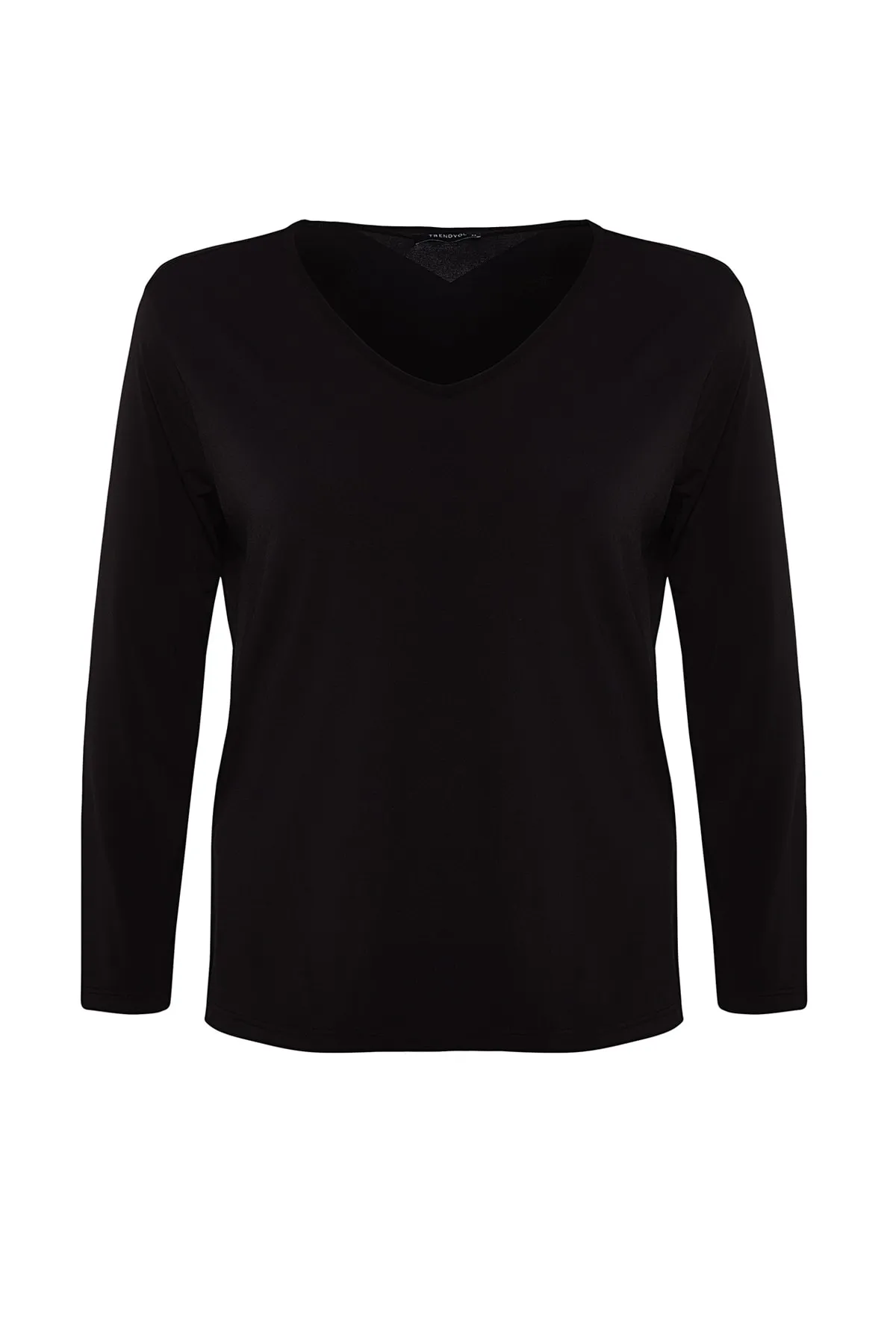 Trendyol Curve  Schwarze Boyfriend-Strickbluse mit V-Ausschnitt und Schlitz TBBSS22BZ1080