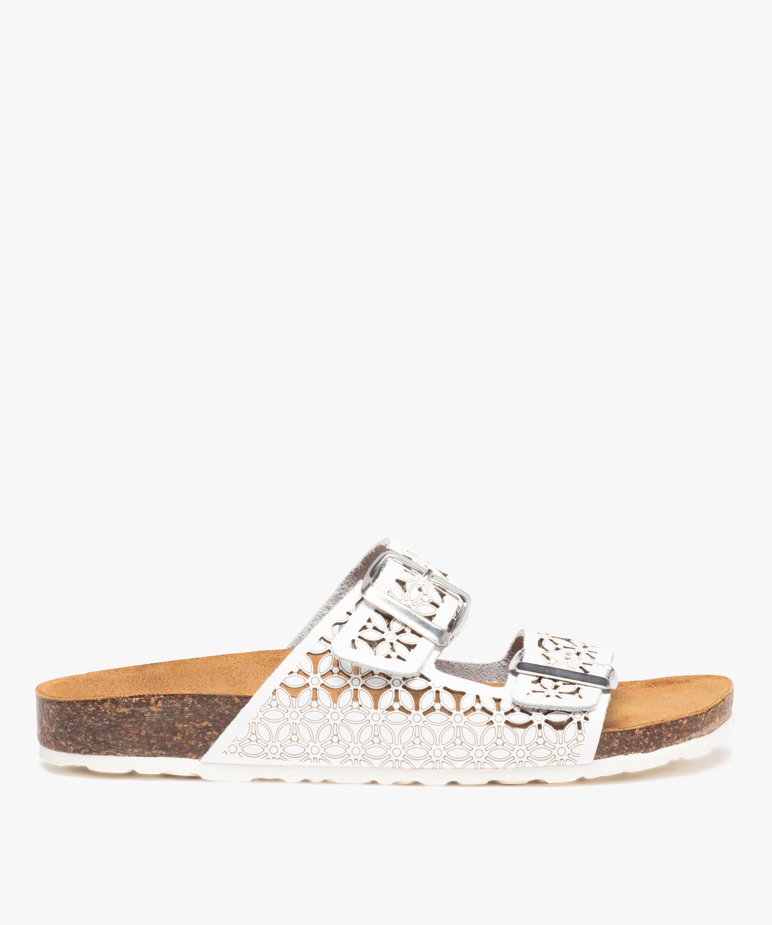 Mules femme à talon plat à double brides ajustables en cuir blanc | GEMO