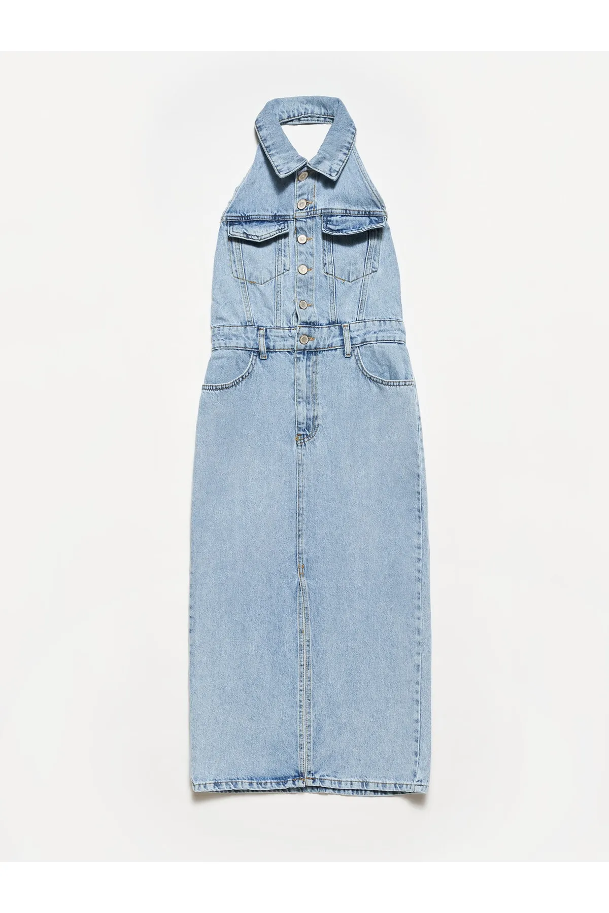 Dilvin  90514 Snow Wash-Jeanskleid mit offenem Rücken – Blau
