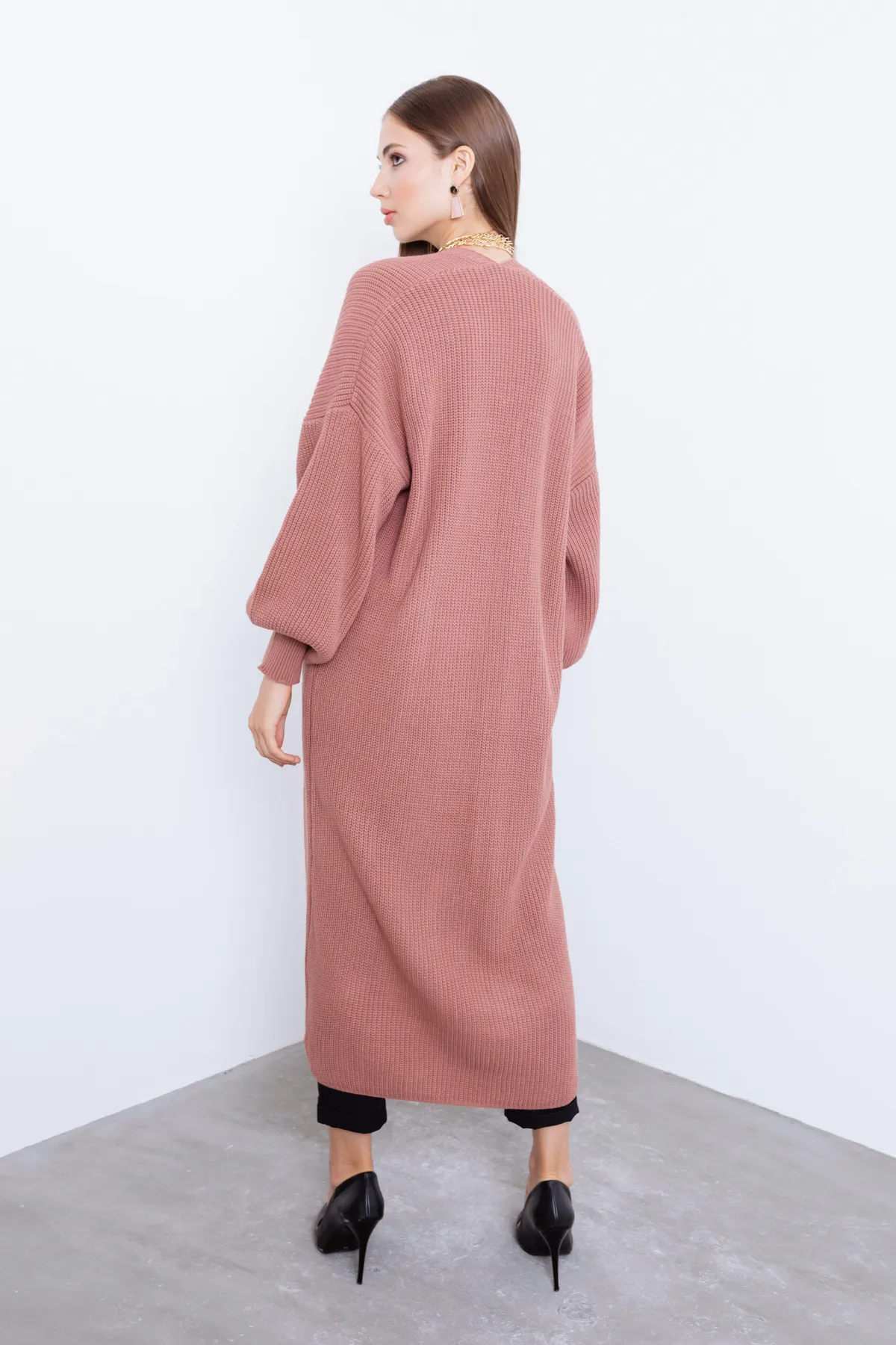 Lafaba  Lange Strickjacke mit Ballonärmeln in Rosa für Damen
