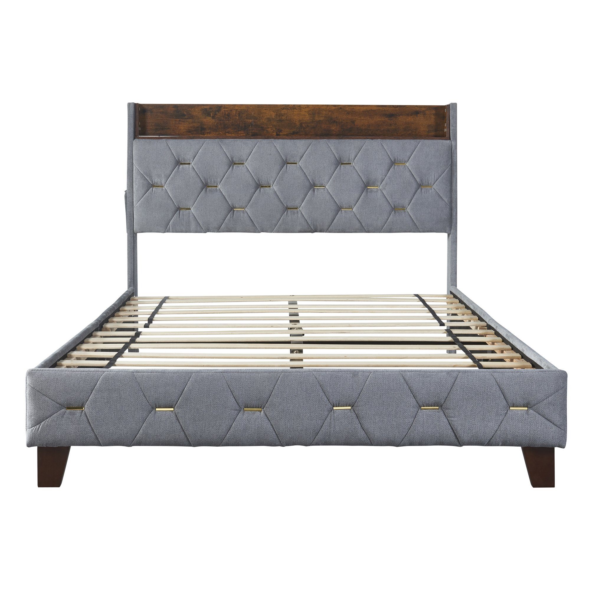 Flieks Polsterbett, Samt Doppelbett 140x200cm mit Stauraum am Kopfteil und USB-Anschluss