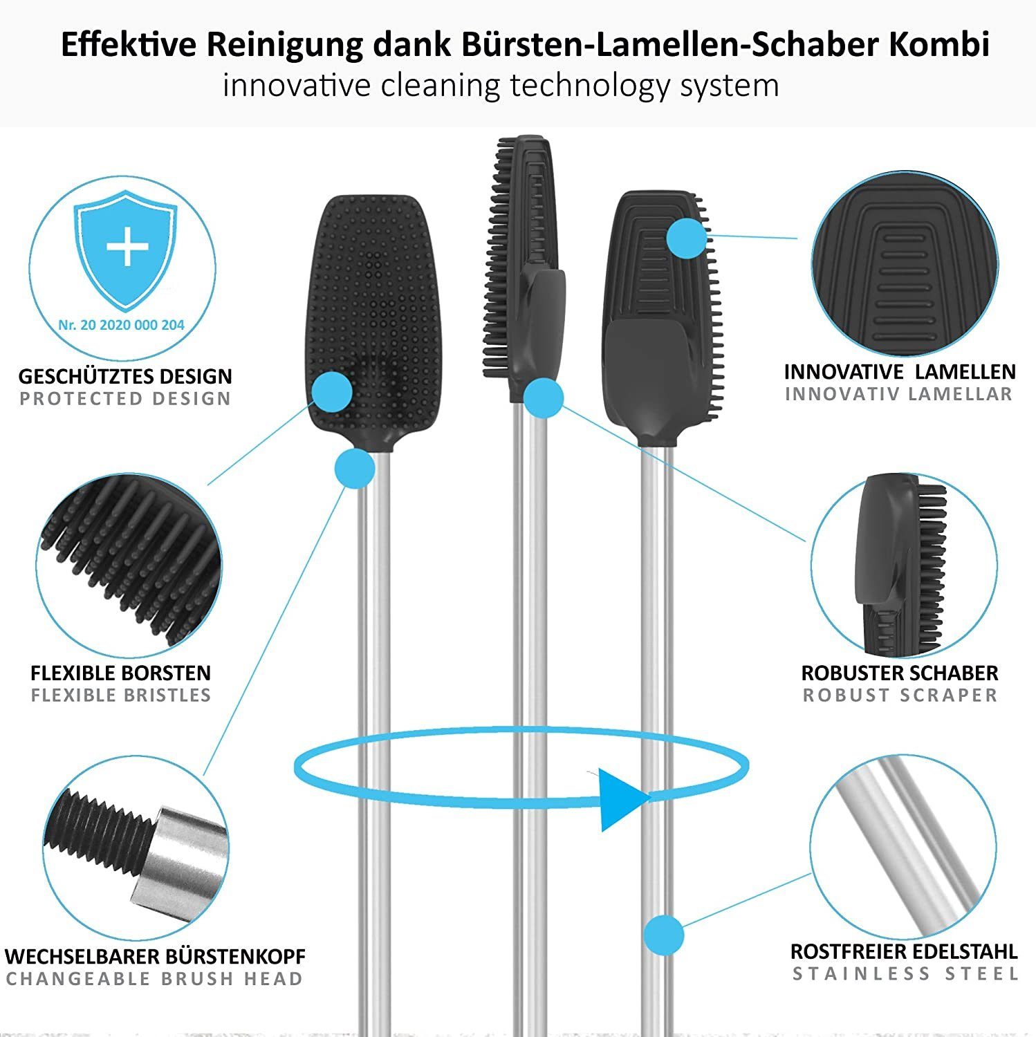 Arteneur WC-Reinigungsbürste 3in1 Toilettenbürste aus Silikon mit WC Bürsten Halter, Badezimmer, Gästebad, WC, WC Bürste ist auswechselbar, rostfrei, WC-Bürstenhalter inkl. WC Bürste+Stiel