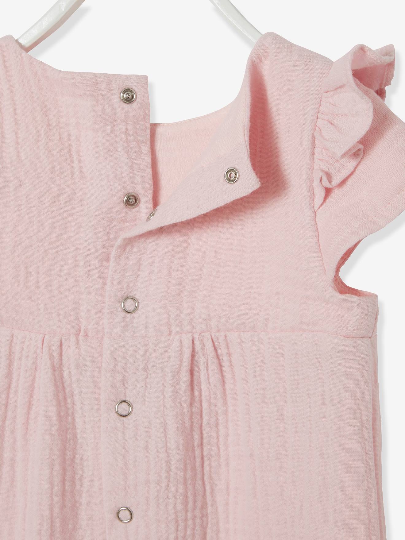 Combinaison bébé fille brodée en gaze de coton rose