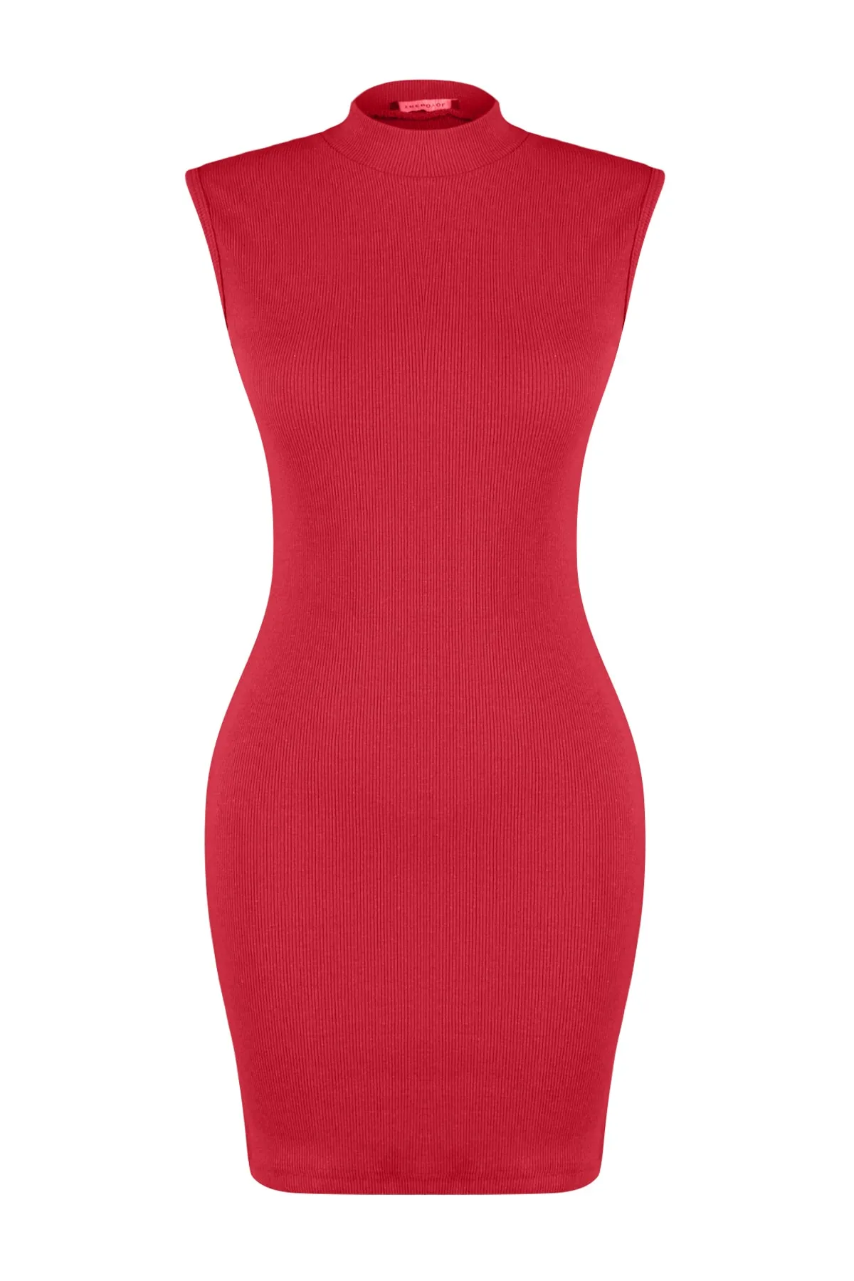 Trendyol Collection  Rotes, figurbetontes Mini-Bleistiftkleid aus flexiblem Strick und geripptem Rundhalsausschnitt TWOSS22EL2819