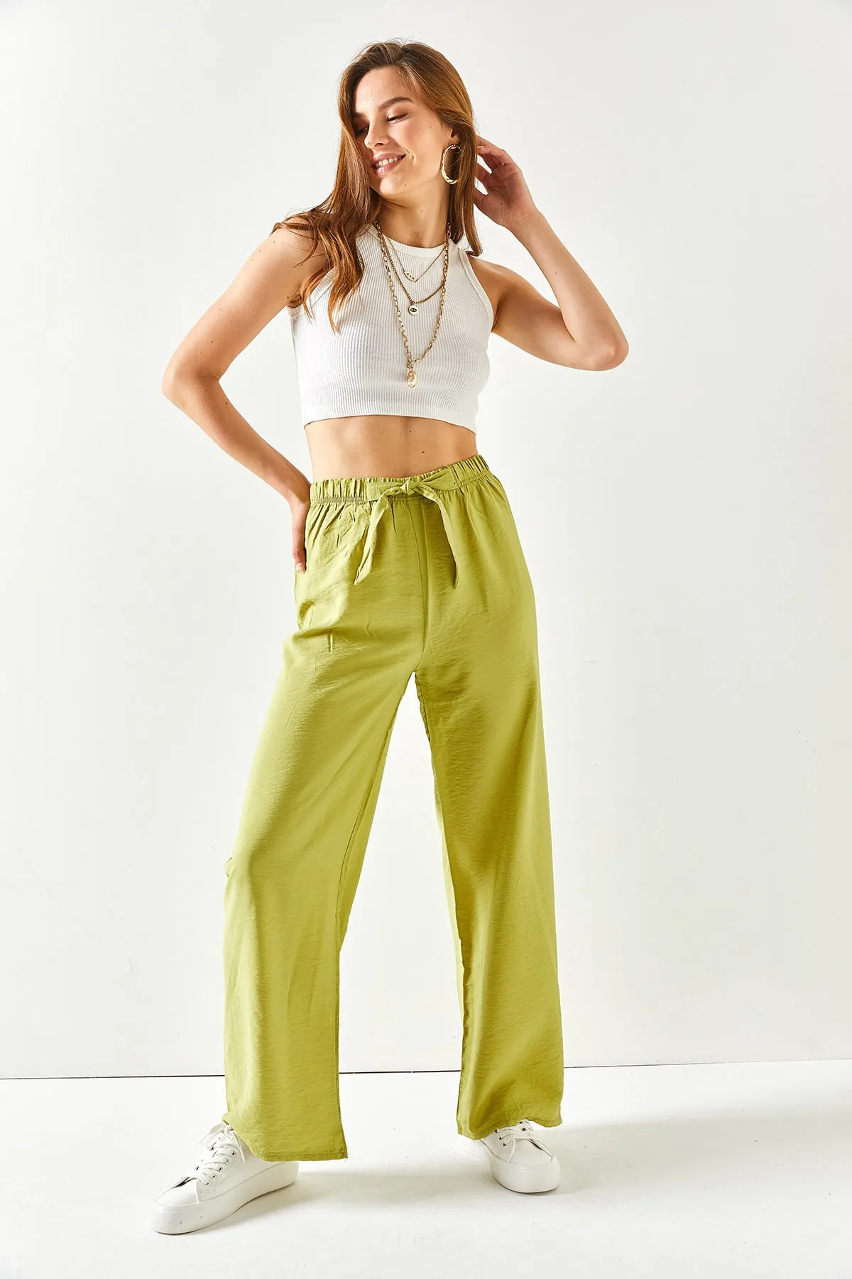 Olalook  Pistaziengrüne Palazzo-Ayrobin-Hose mit Gürtel und elastischem Bund für Damen PNT-19000200