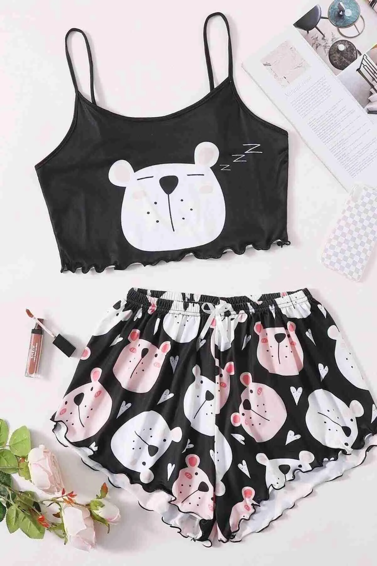 Merry See  Modamania Aria&'s Closet - Ultraweiches Pyjama-Set mit Trägern, Teddybär-Print und mehrfarbig
