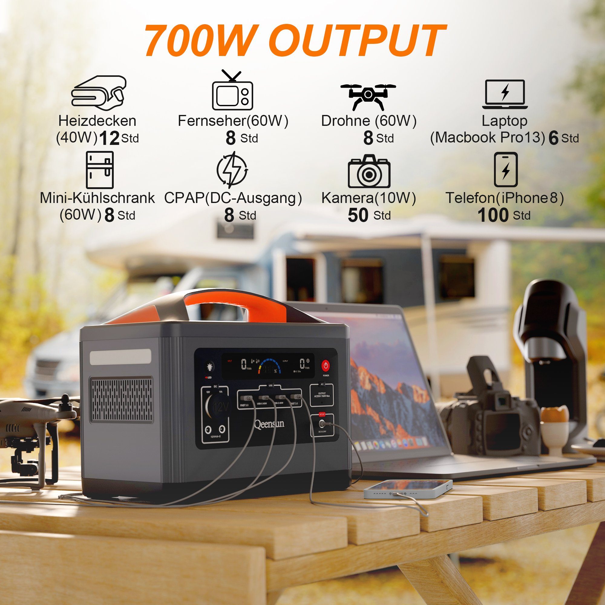 farfi Stromerzeuger Tragbare Powerstation, Mobile LiFePO4, 537.6Wh Solar,230V/ 700W AC, (Set, Benutzerhandbuch,AC-Adapter,Zigarettenanzünderkabel,DC zu MC4 Kabel), Solarladung,Einfach zu verwenden