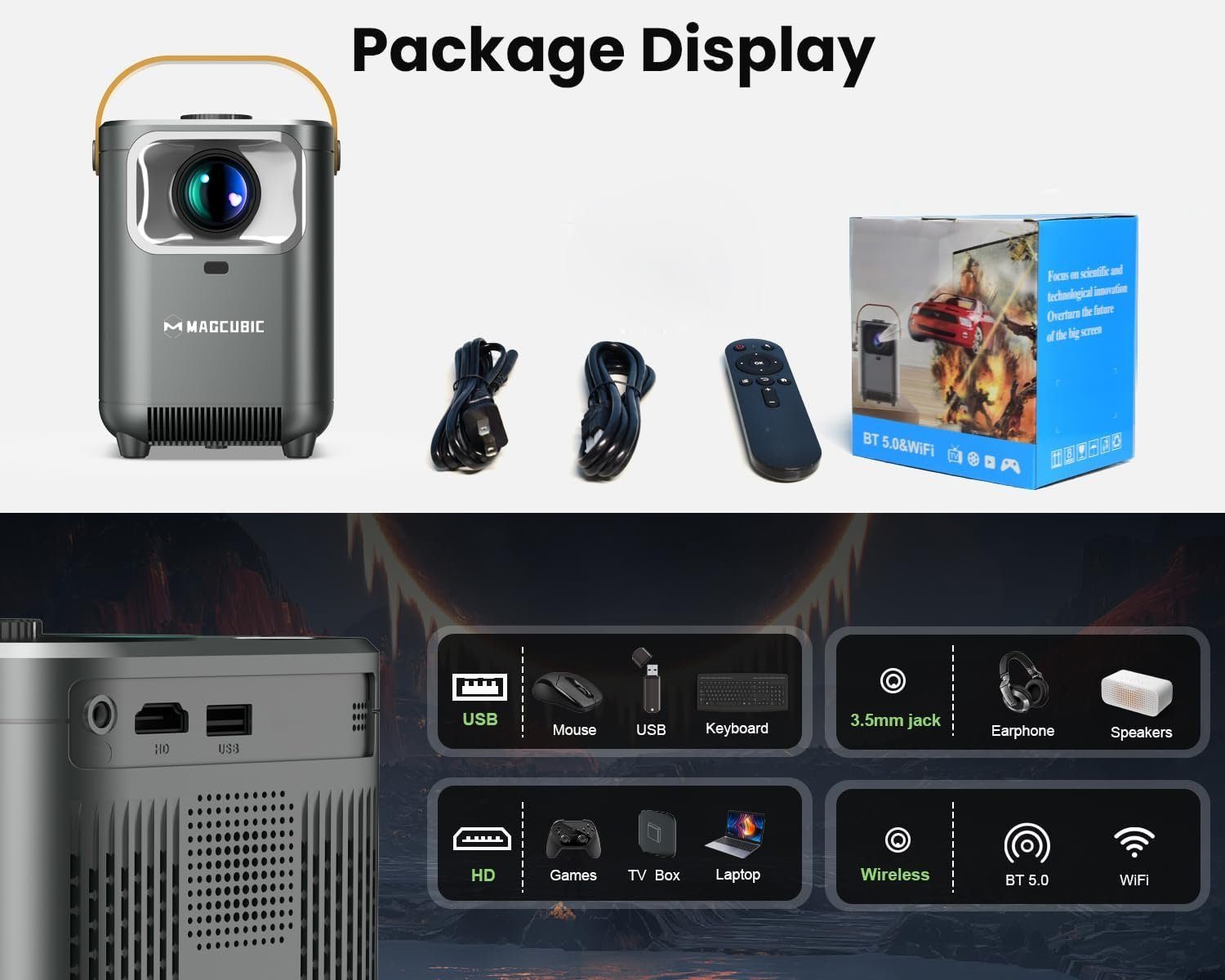 Magcubic Unterstützung 4K Bluetooth 5.0 mit WiFi Portabler Projektor (260 lm, 8000:1, 3840 x 2160 px, mit 200'' Display Beamer für Handy klein Heimkino)