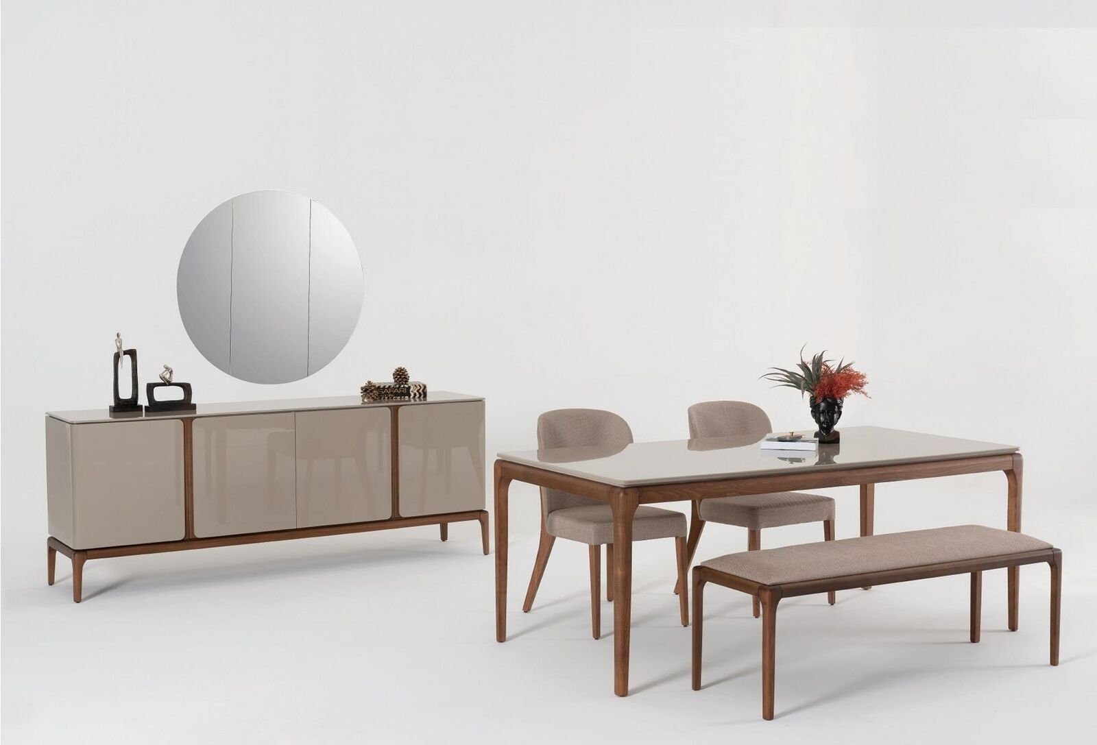 JVmoebel Esszimmer-Set Esszimmer Set Essgruppe Tisch 4x Stühle Bank Anrichte Spiegel 8tlg Set, (8-St)