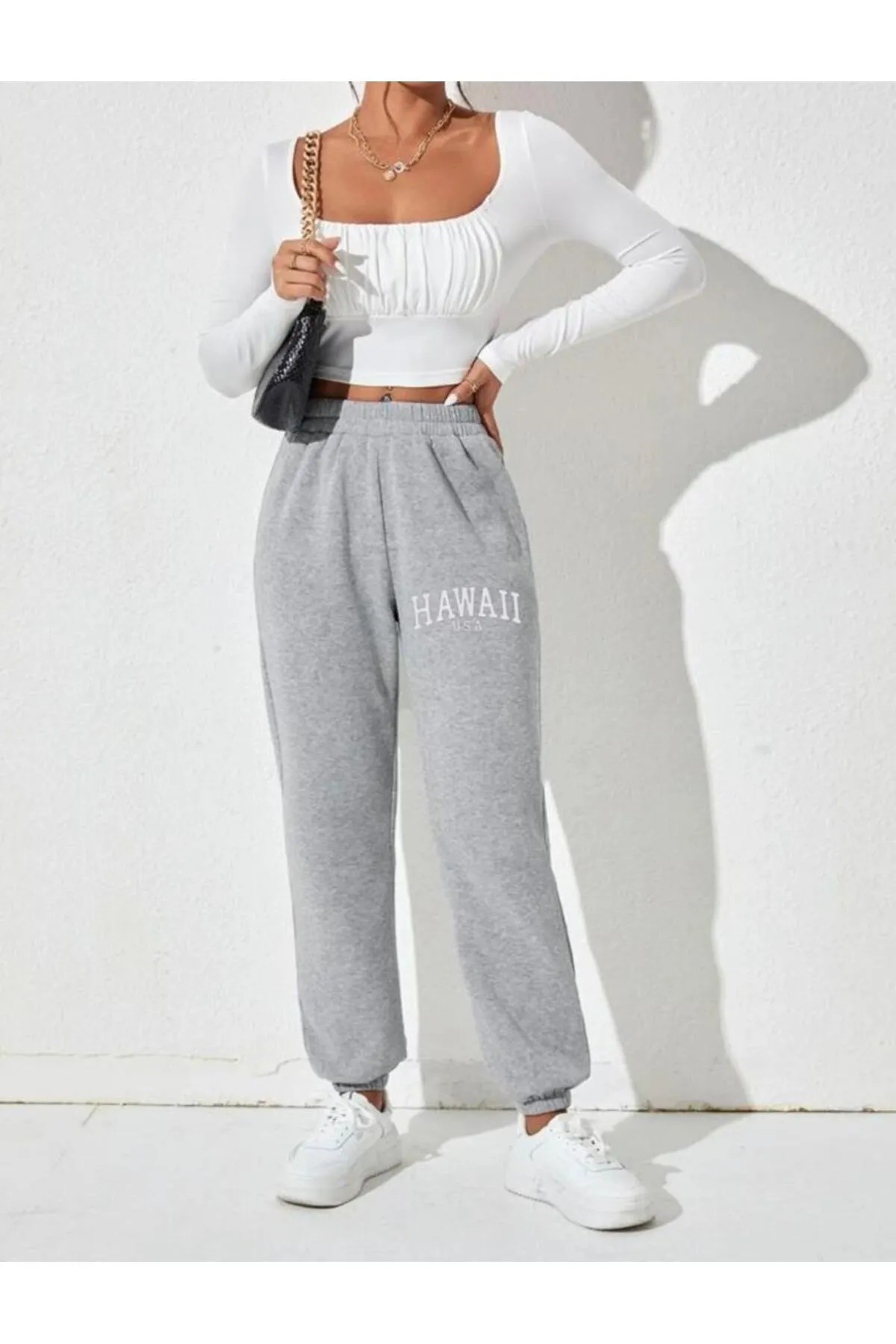 My Blog  Graue Damen-Jogginghose mit hawaiianischem Aufdruck und elastischem Bund und Beinen