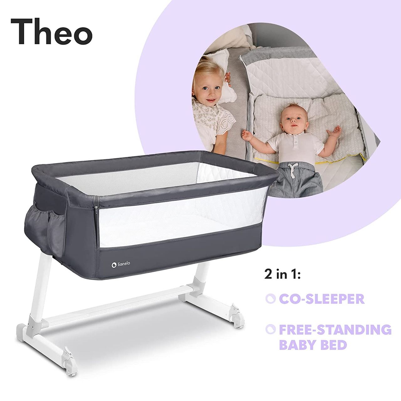 Lionelo Theo Baby Beistellbett dunkelgrau