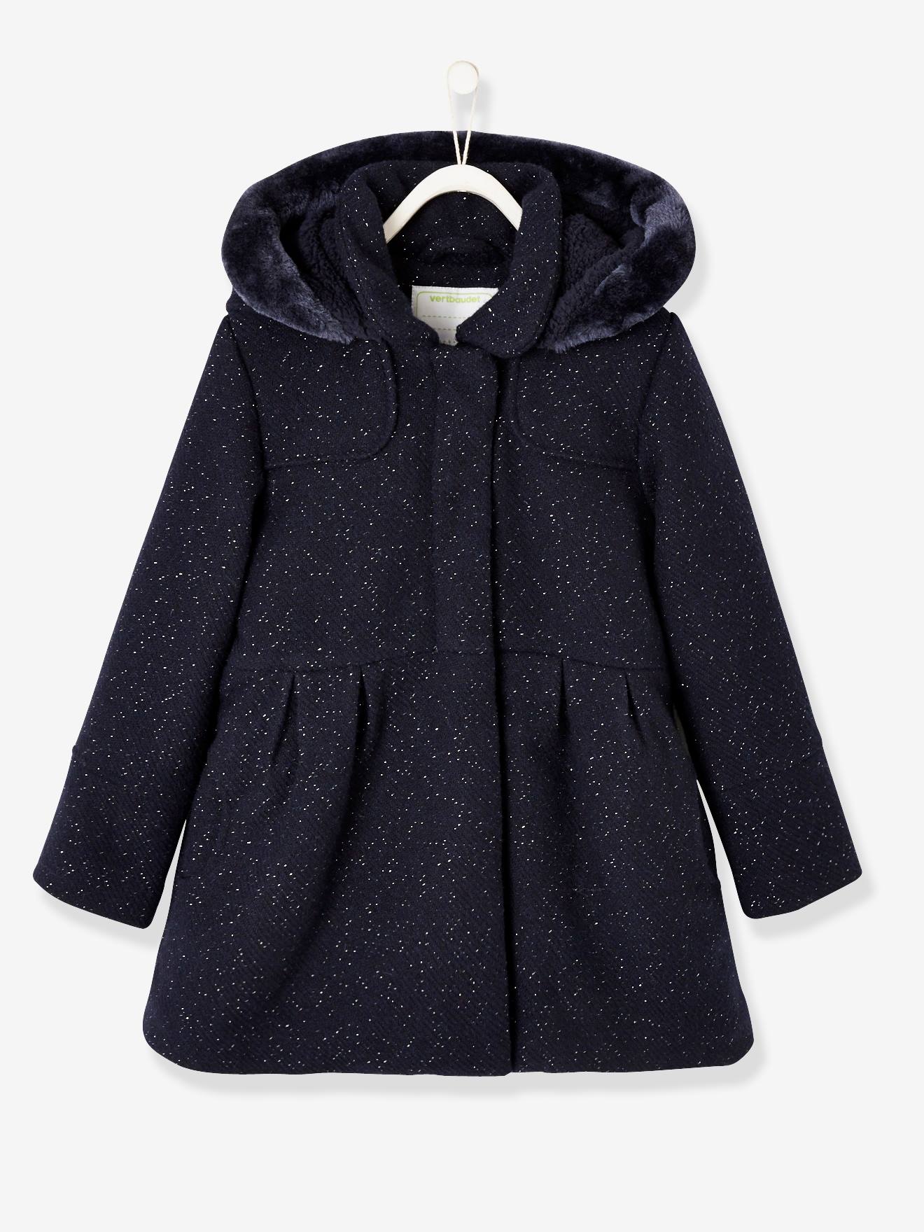 Manteau à capuche en drap de laine fille violine