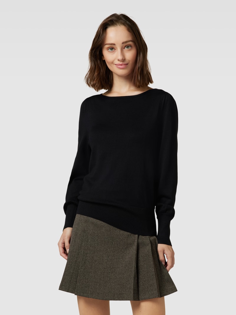 Strickpullover mit U-Boot-Ausschnitt und Puffärmeln in schwarz