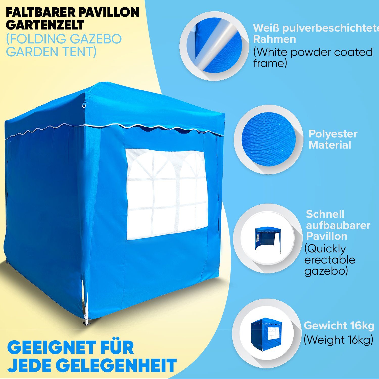 Defactoshop Faltpavillon Faltpavillon Klappzelt 2x2m Zelt + 4 Seiten Wasserdicht, mit 4 Seitenteilen, 200x200 cm