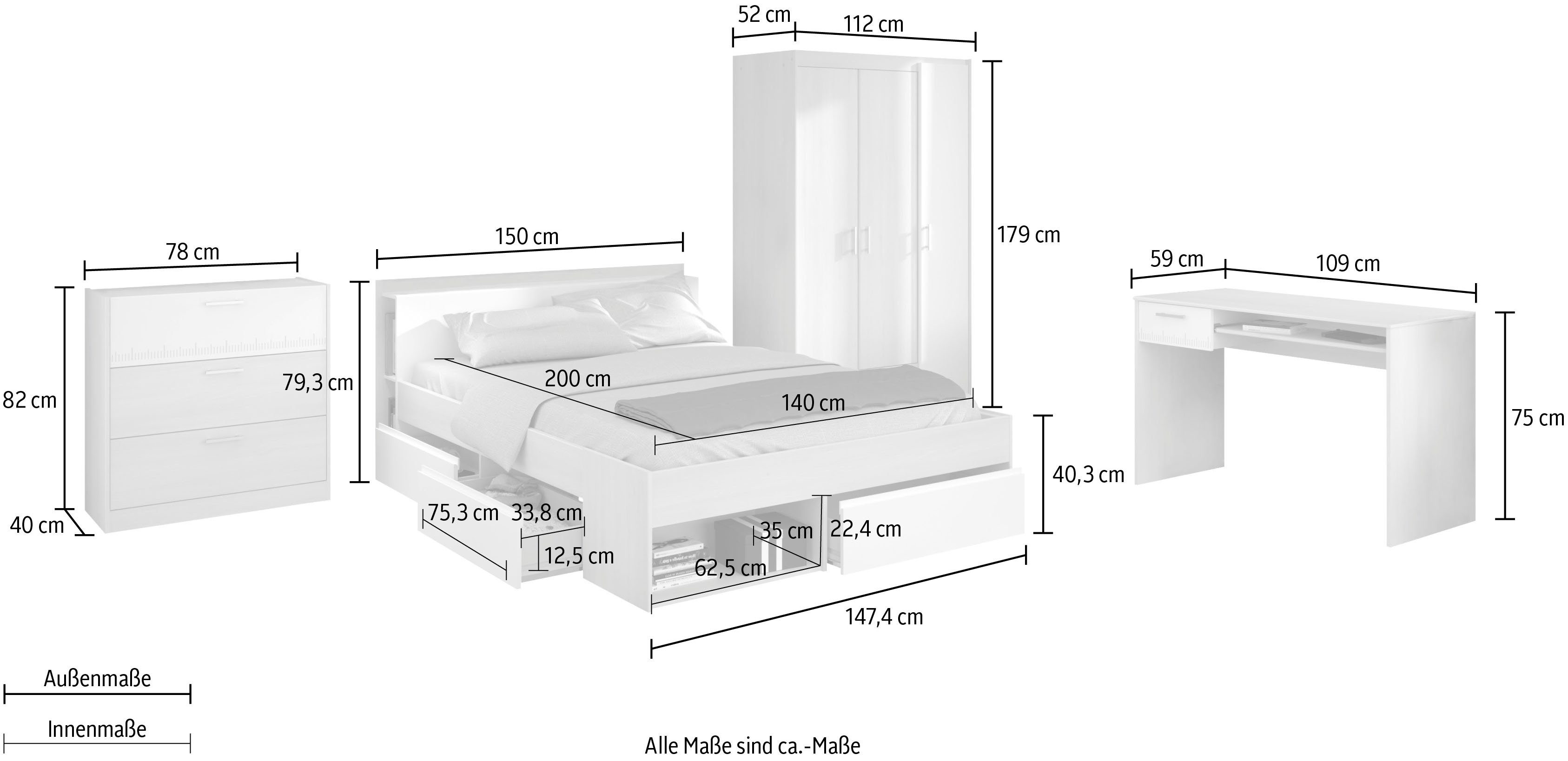 Parisot Jugendzimmer-Set Most, (Set, 4-St., Bett mit Schubkästen, Kleiderschrank, Schreibtisch, Schubkastenkommode)