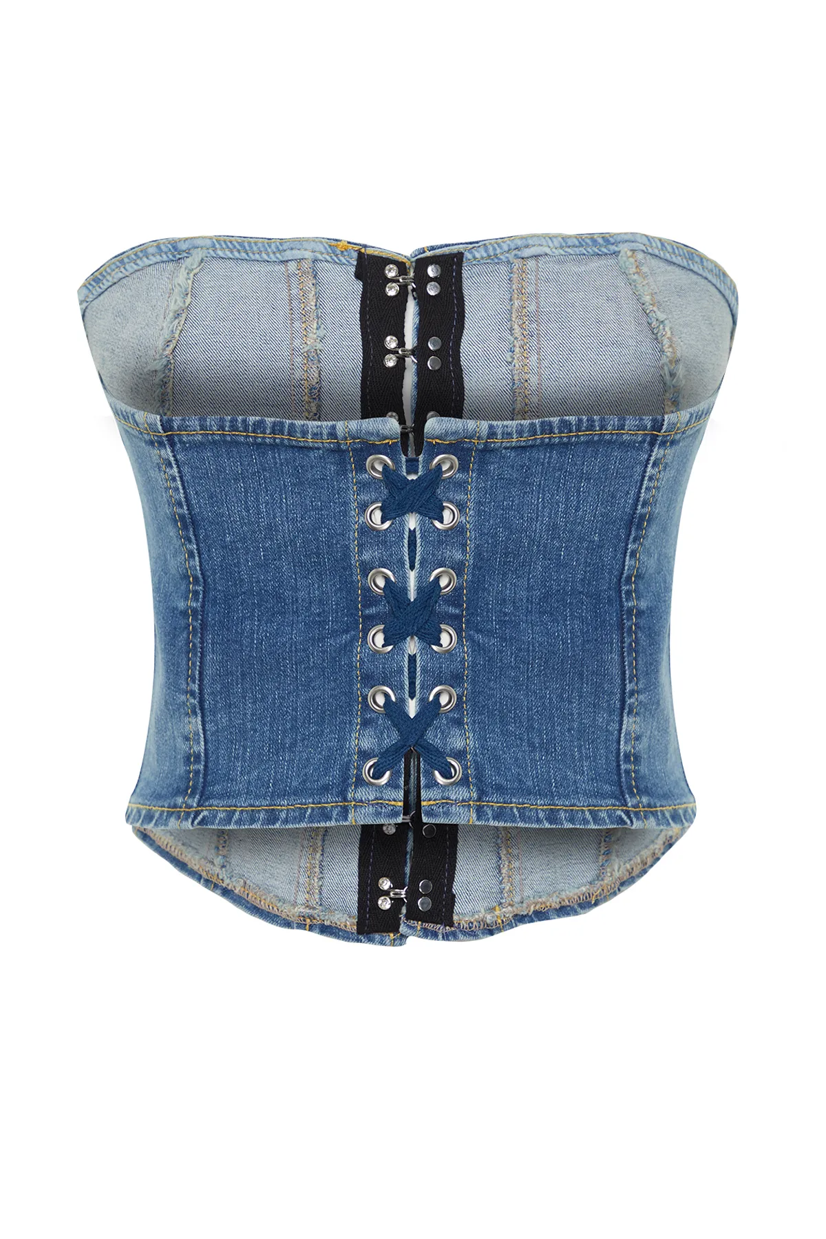 Trendyol Collection  Dunkelblaues, detailliertes, trägerloses Denim-Bustier mit Nähten TWOSS24BS00009