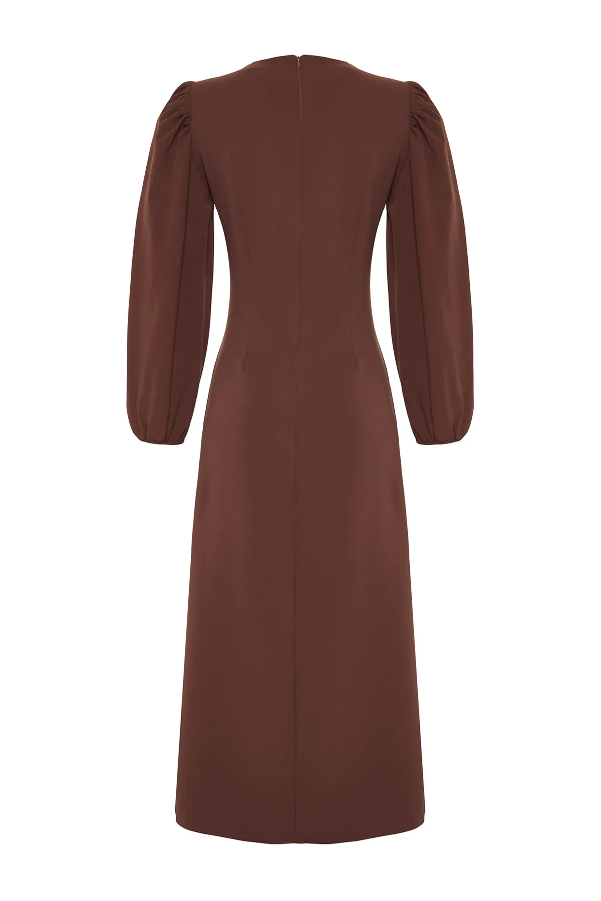 Trendyol Modest  Braunes Kleid aus gewebtem Krepp mit Ballonärmeln TCTSS24EB00027