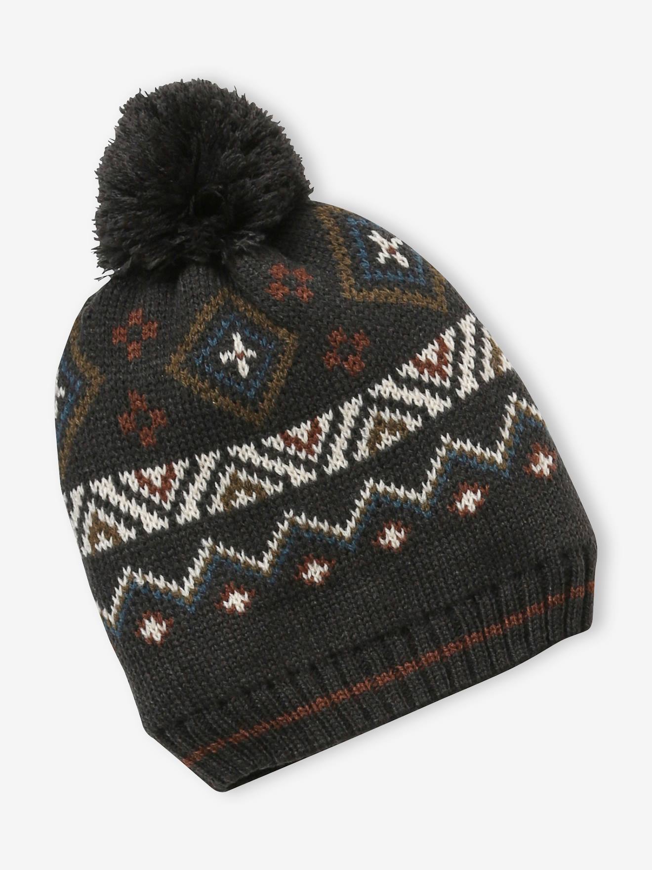 Bonnet garçon en maille jacquard gris foncé