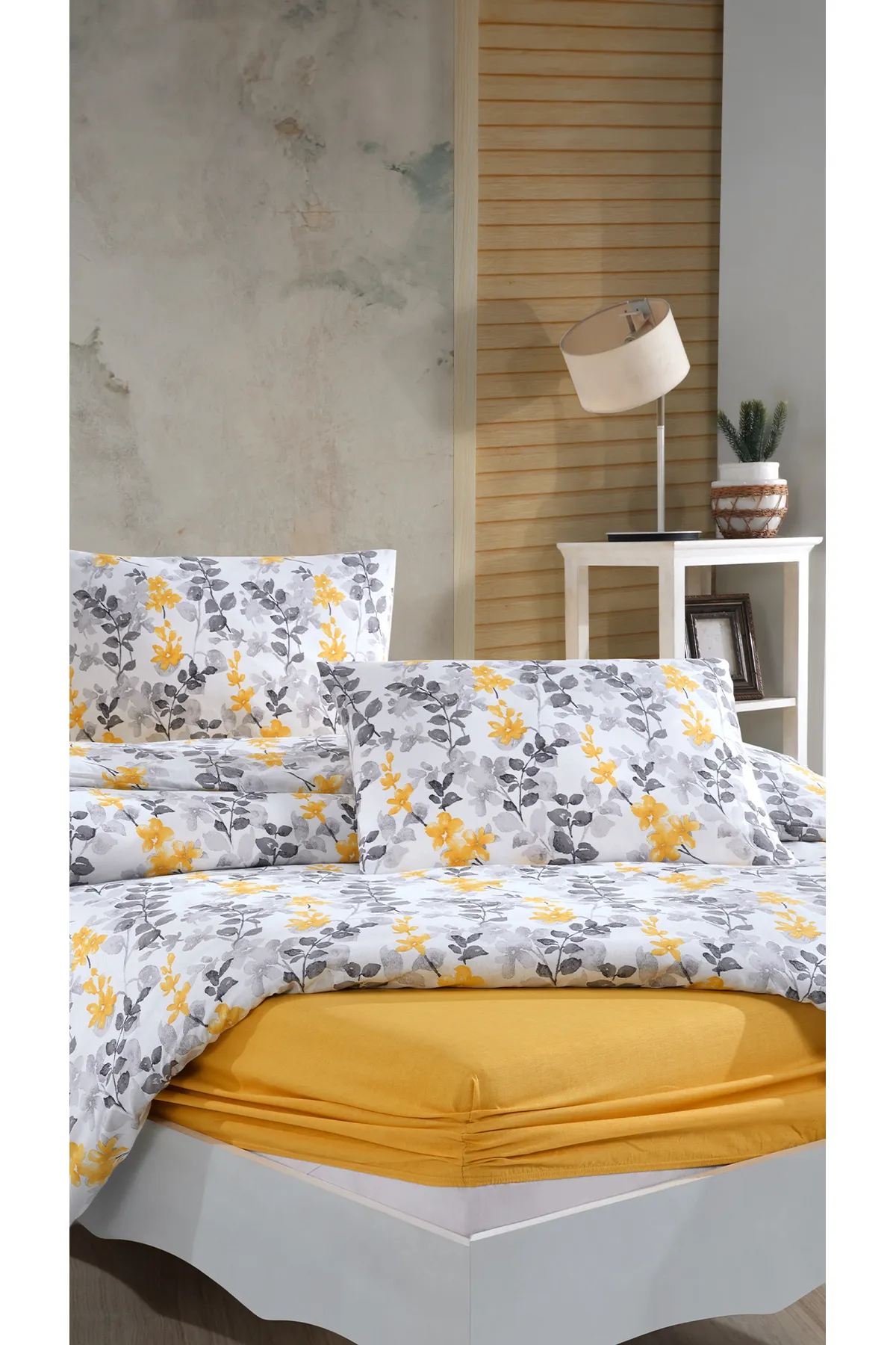Elart  Bettbezug-Set aus Baumwolle für Einzelbett, 3-teilig, Flores, Gelb