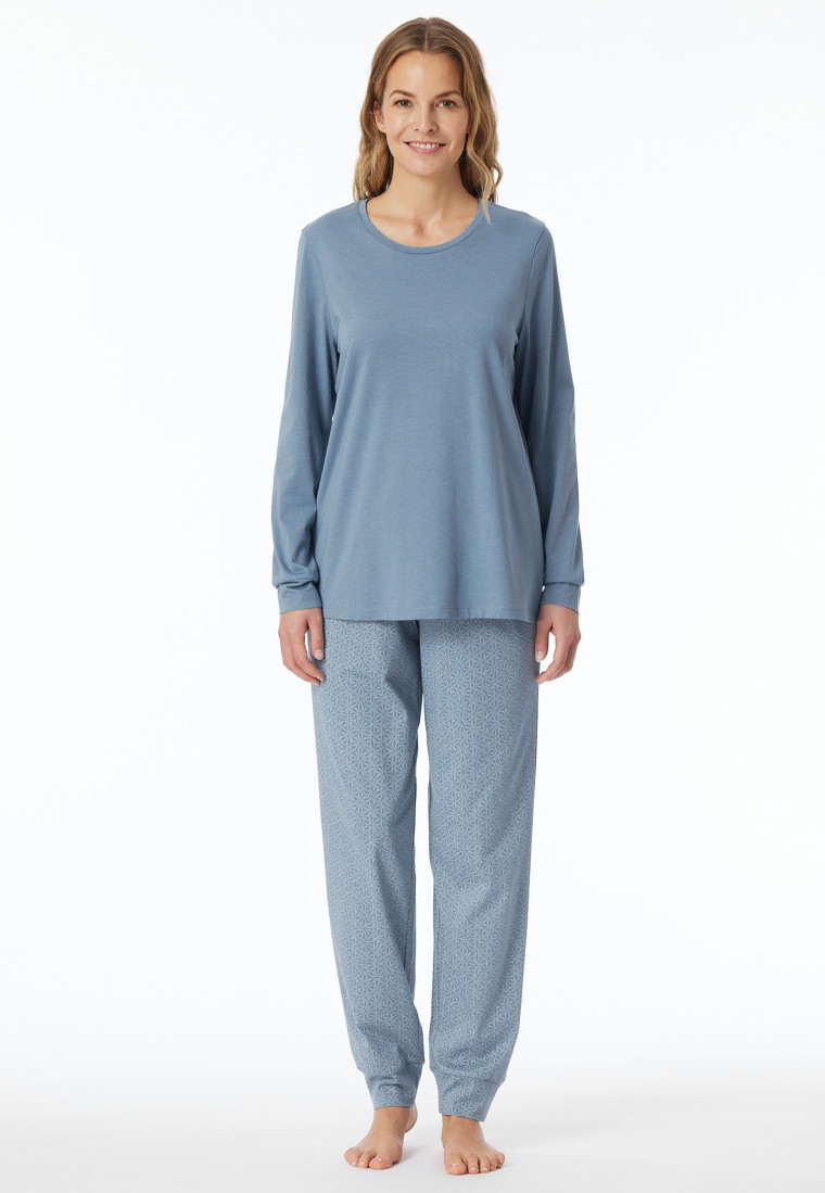 Schlafanzug lang Bündchen blaugrau gemustert - Comfort Essentials