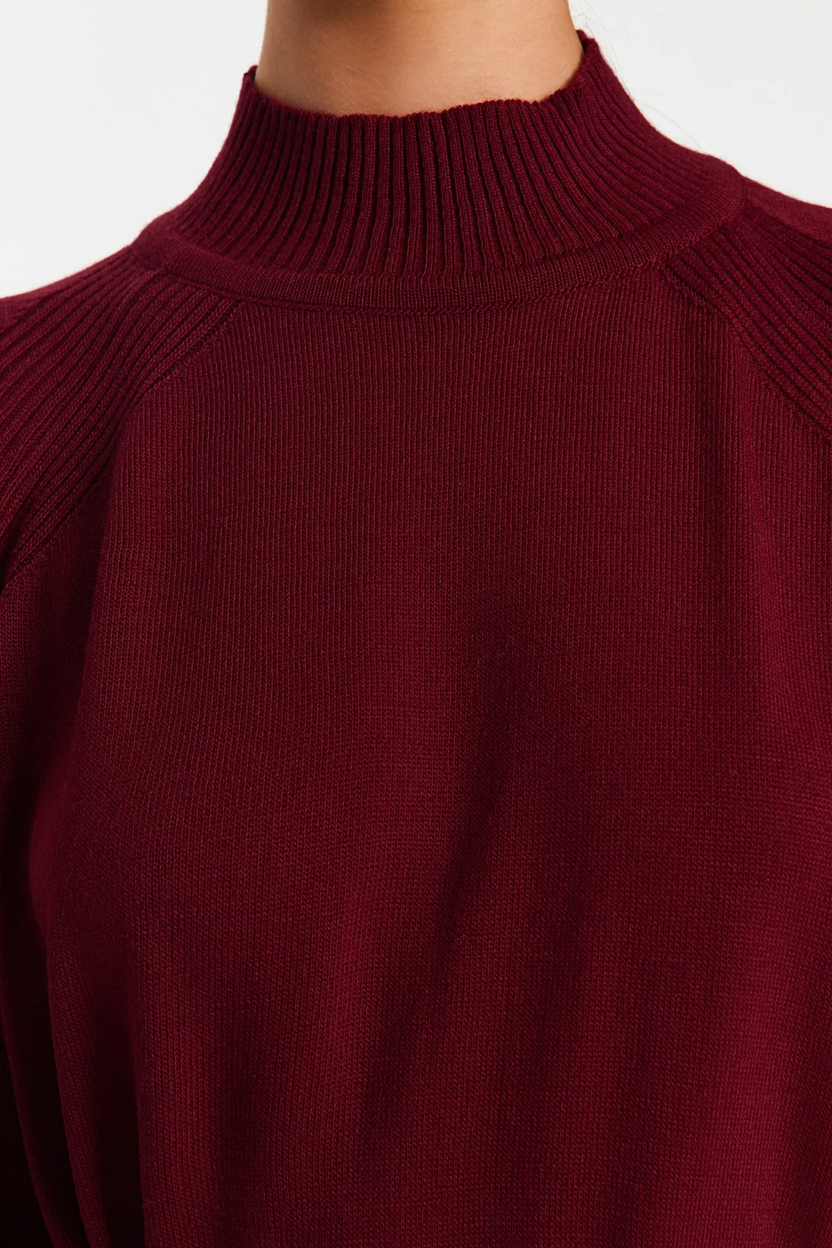 Trendyol Modest  Pflaumenfarbenes Strickkleid aus Kunstleder mit Gürtel und Stehkragen TCTAW24EB00030